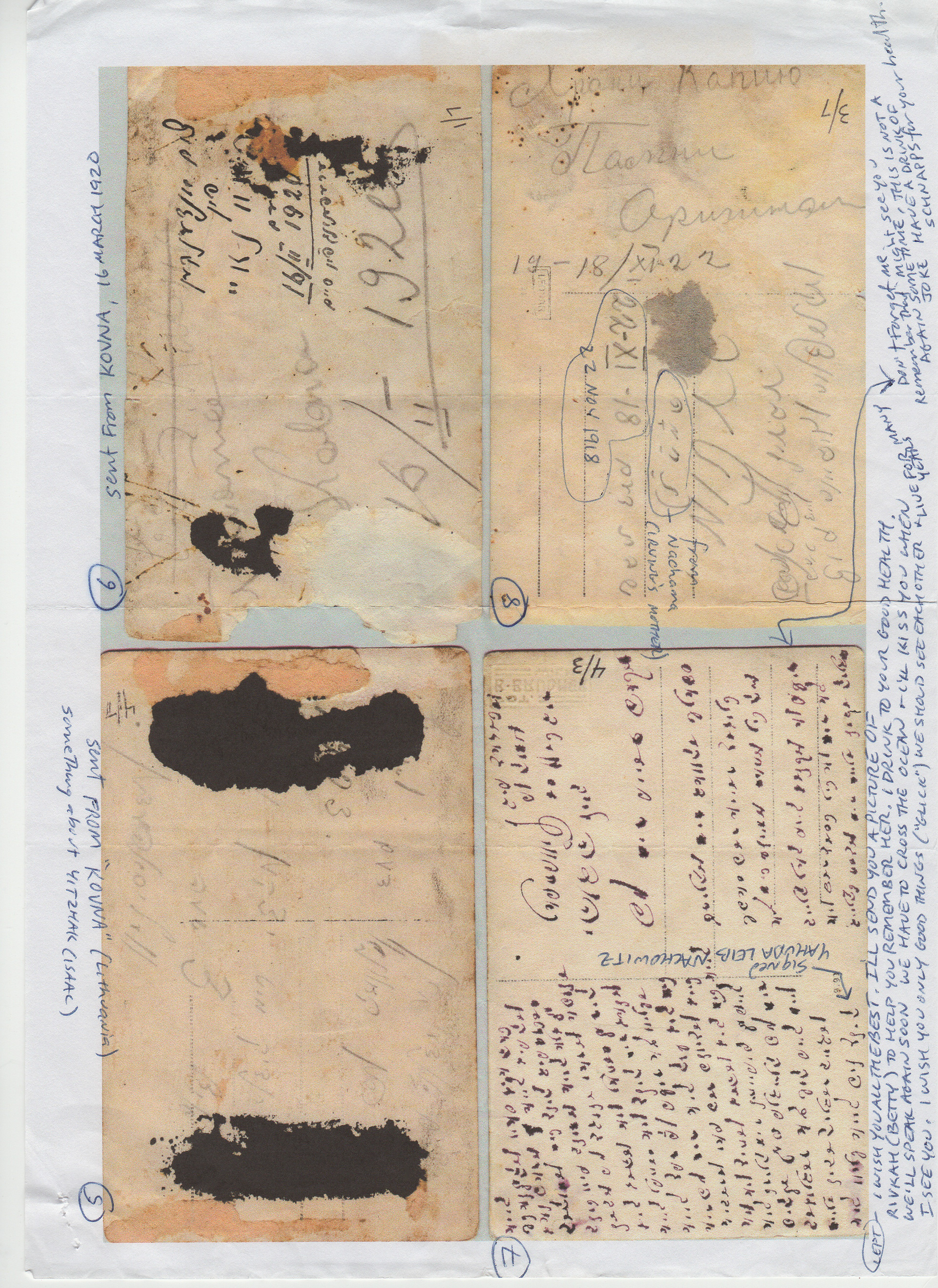 1920 - Postcards from Yehuda Leib to Nachme (his ex-wife)