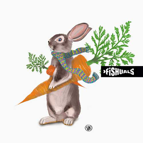 Patricia Hooning, illustration of rabbit and carrot (stationery products)
