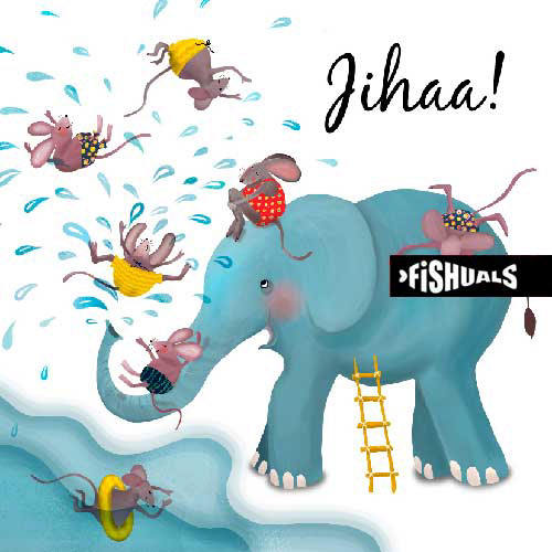 Patricia Hooning, illustration of mice and elephant (stationery products)