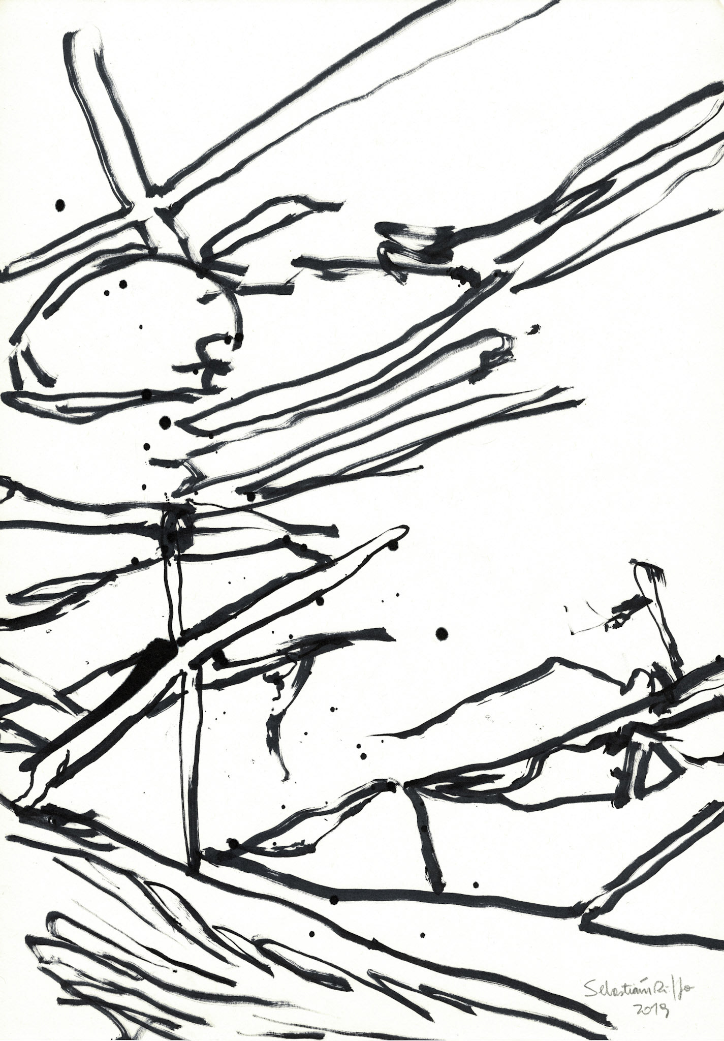 "El lenguaje internacional de los escombros" (2019). Tinta en base a alcohol sobre papel. 29,7x42 cm. 