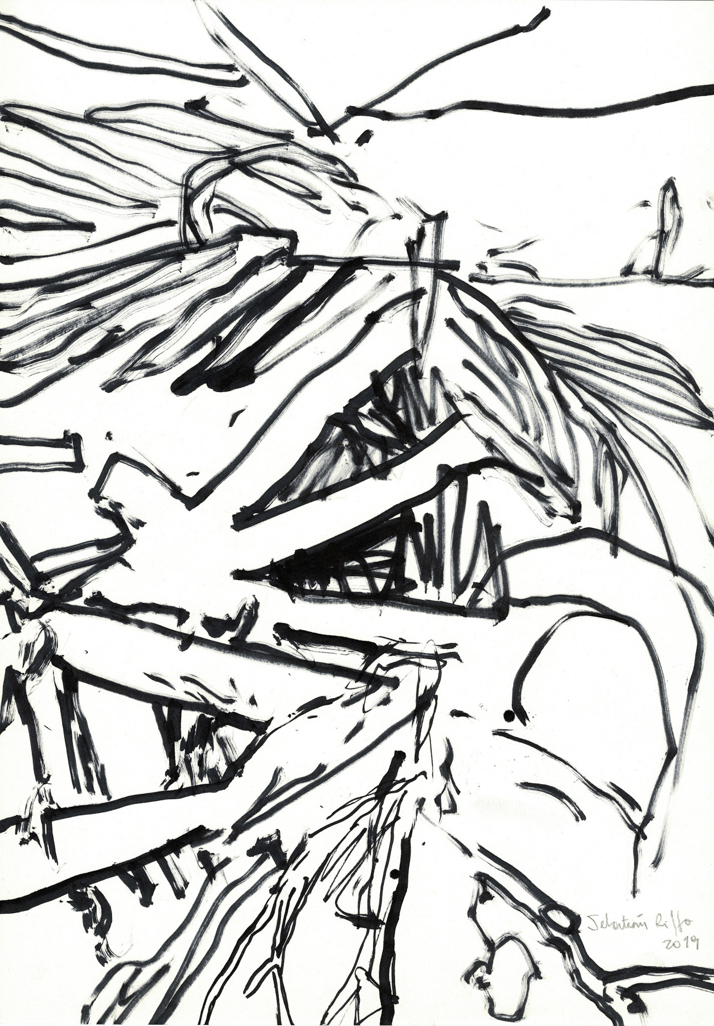 "El lenguaje internacional de los escombros" (2019). Tinta en base a alcohol sobre papel. 29,7x42 cm. 