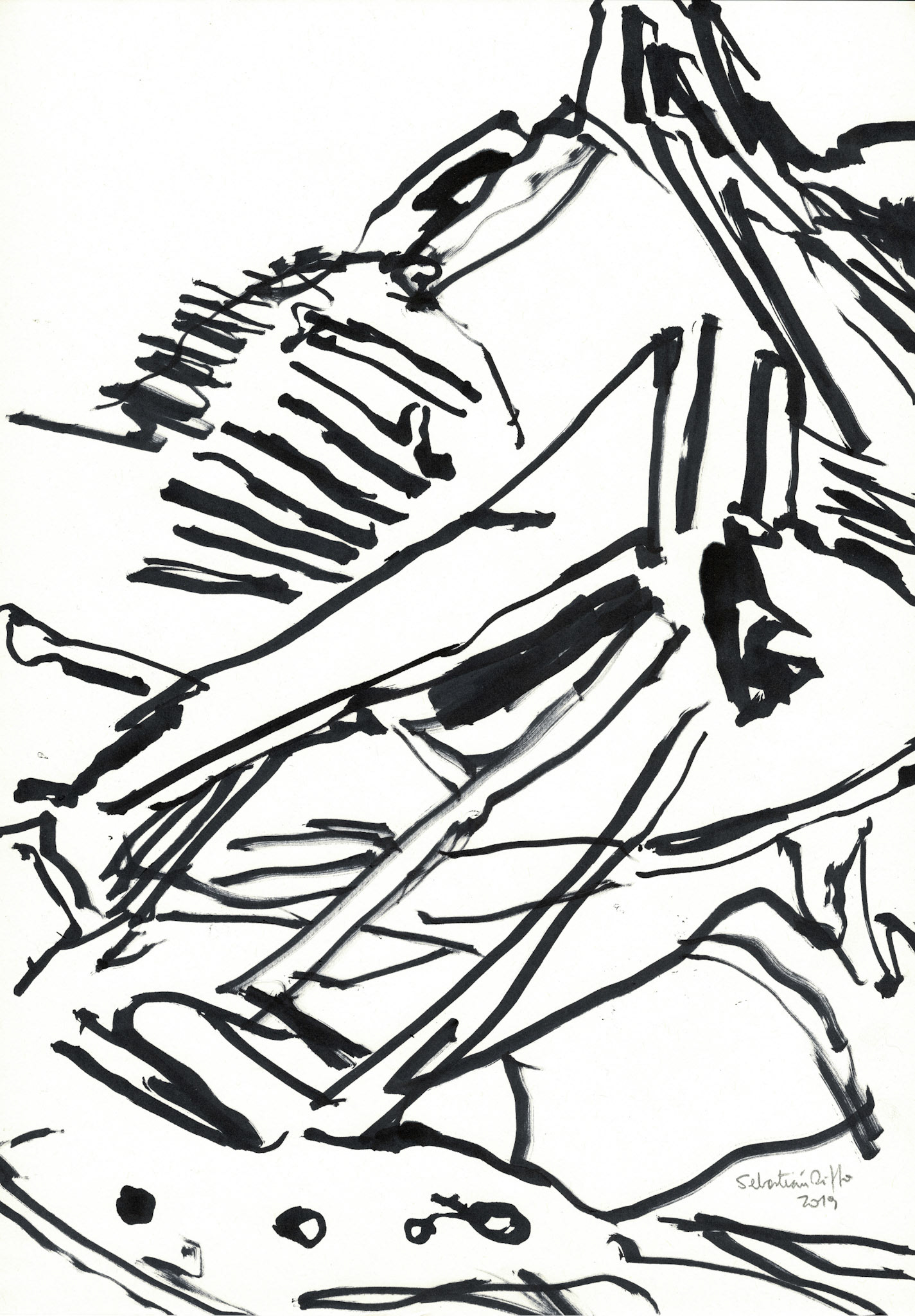 "El lenguaje internacional de los escombros" (2019). Tinta en base a alcohol sobre papel. 29,7x42 cm. 