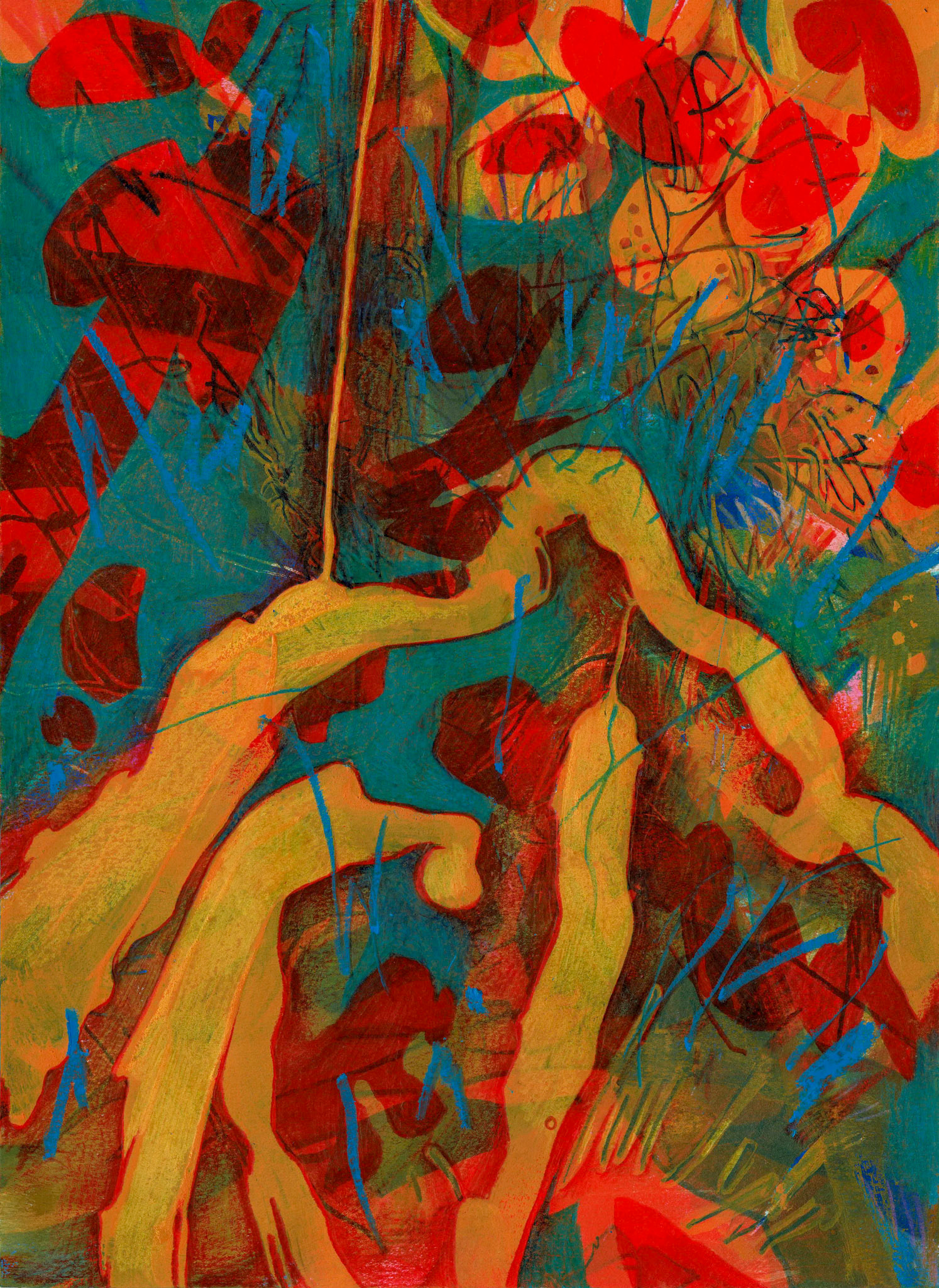 "De cuando olvidélo que estaba haciendo" (2020). Plumones Sharpie, lápices de madera  y témpera sobre papel. 20,9 x 28,7 cm.