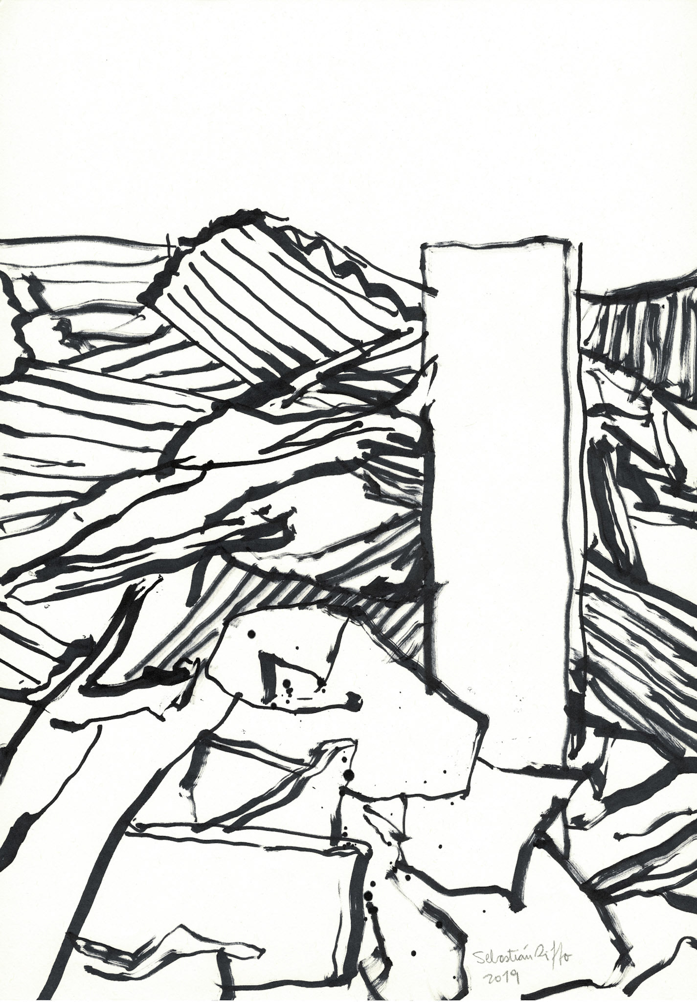 "El lenguaje internacional de los escombros" (2019). Tinta en base a alcohol sobre papel. 29,7x42 cm. 