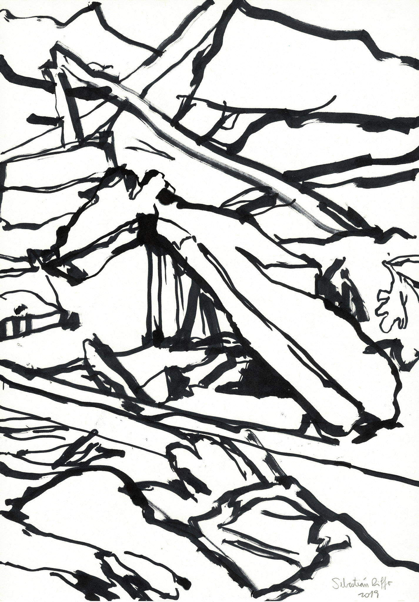 "El lenguaje internacional de los escombros" (2019). Tinta en base a alcohol sobre papel. 29,7x42 cm. 