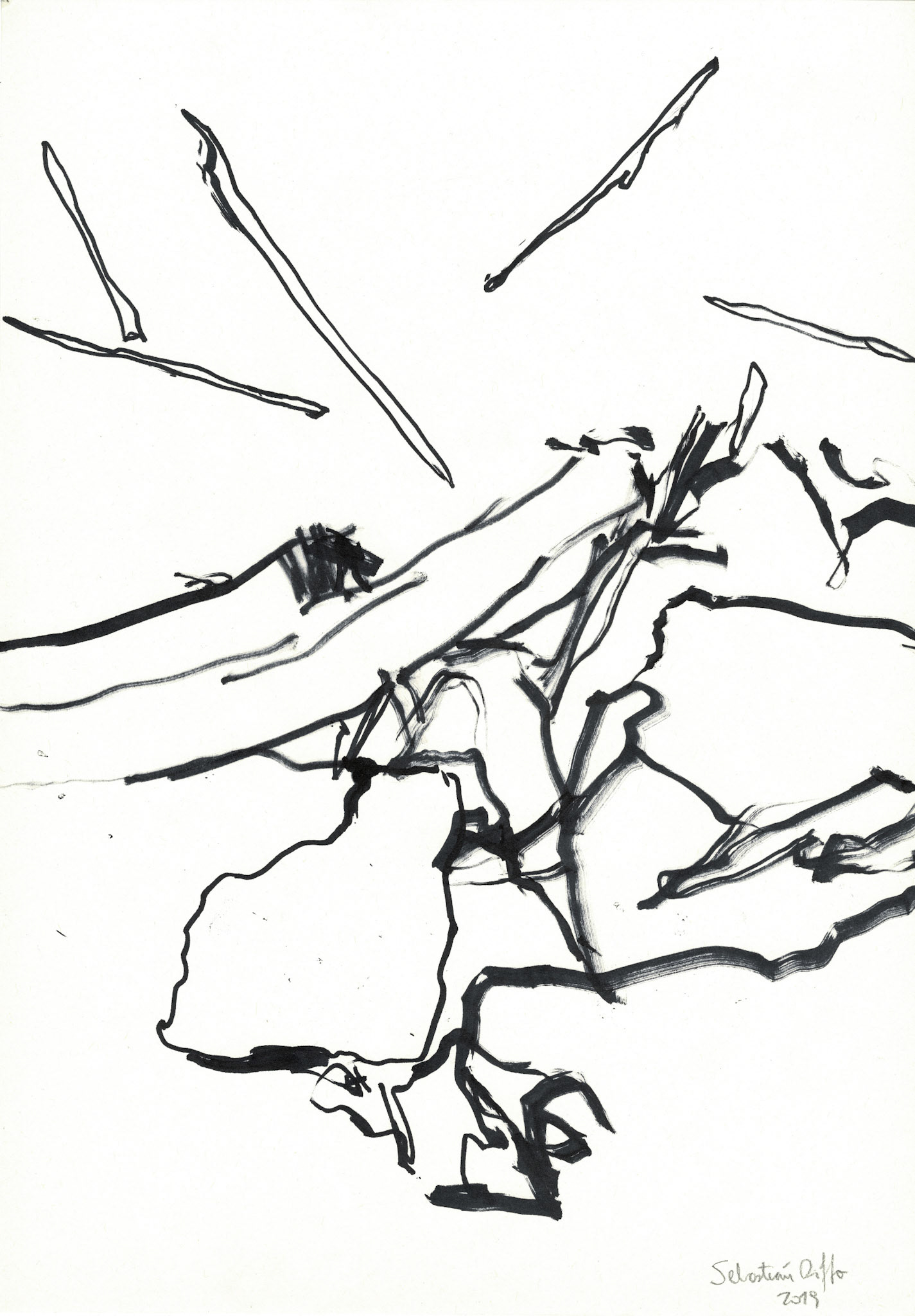 "El lenguaje internacional de los escombros" (2019). Tinta en base a alcohol sobre papel. 29,7x42 cm. 