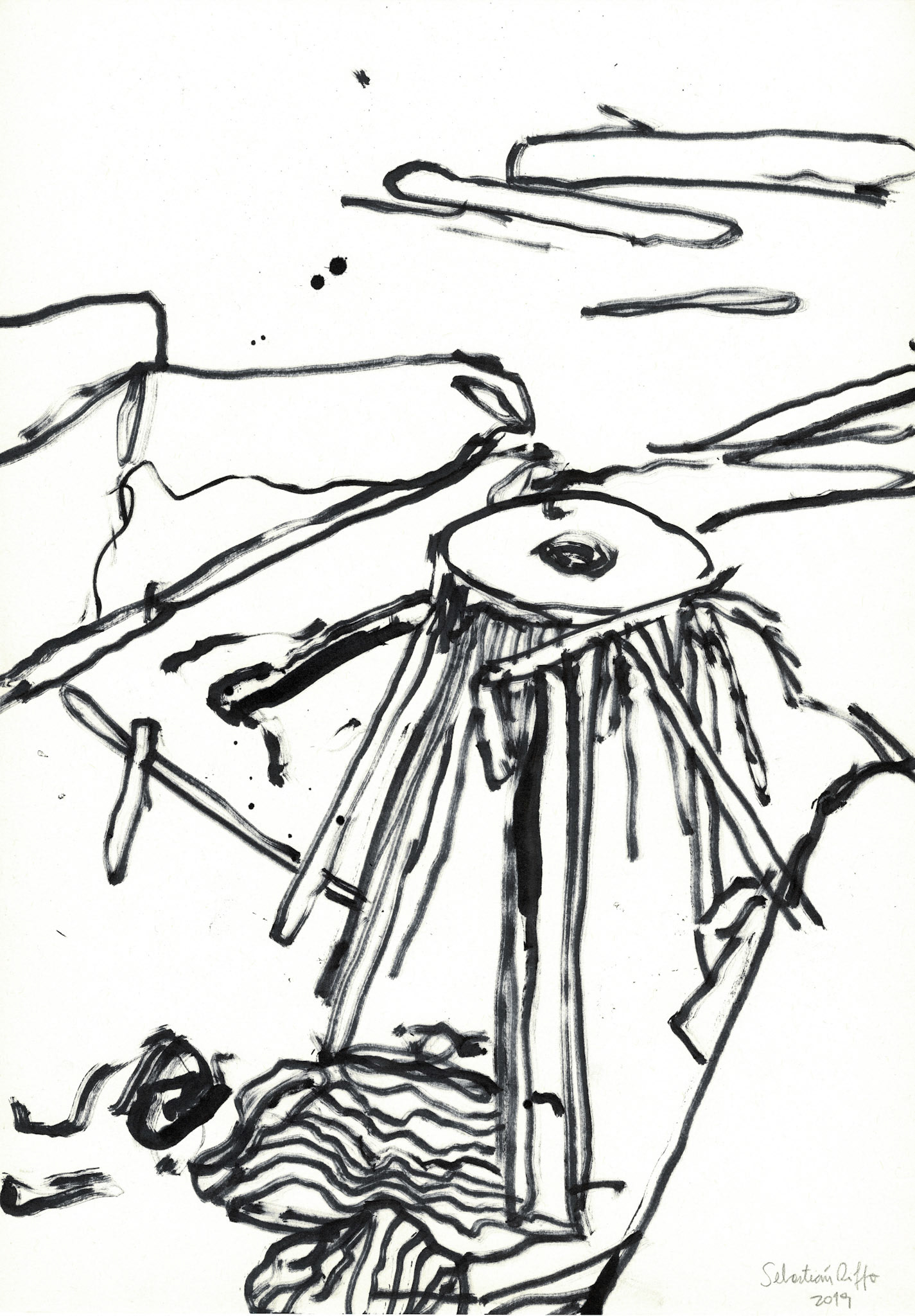 "El lenguaje internacional de los escombros" (2019). Tinta en base a alcohol sobre papel. 29,7x42 cm. 