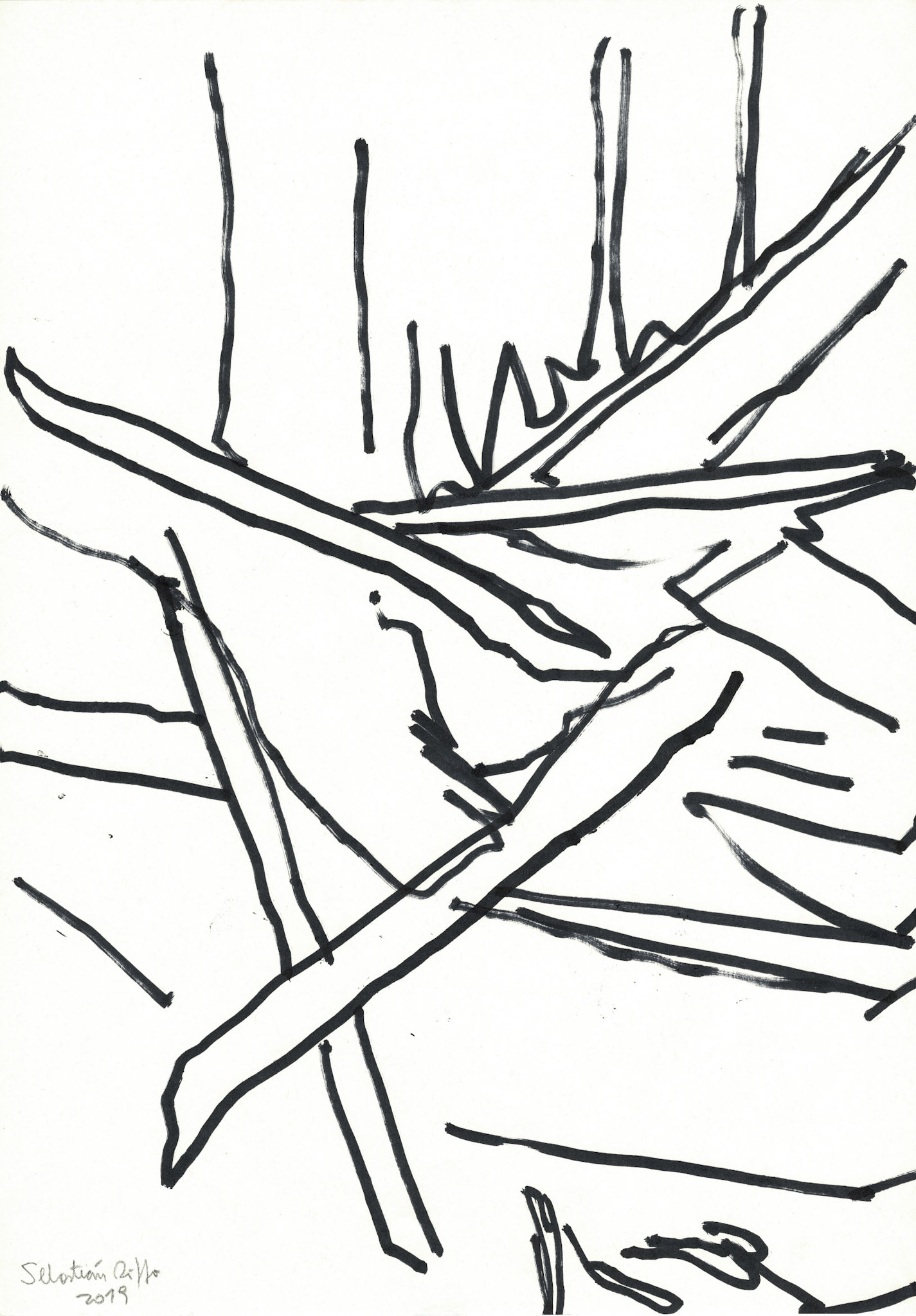 "El lenguaje internacional de los escombros" (2019). Tinta en base a alcohol sobre papel. 29,7x42 cm. 