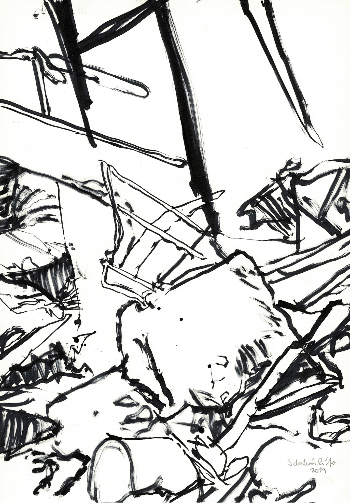 "El lenguaje internacional de los escombros" (2019). Tinta en base a alcohol sobre papel. 29,7x42 cm. 