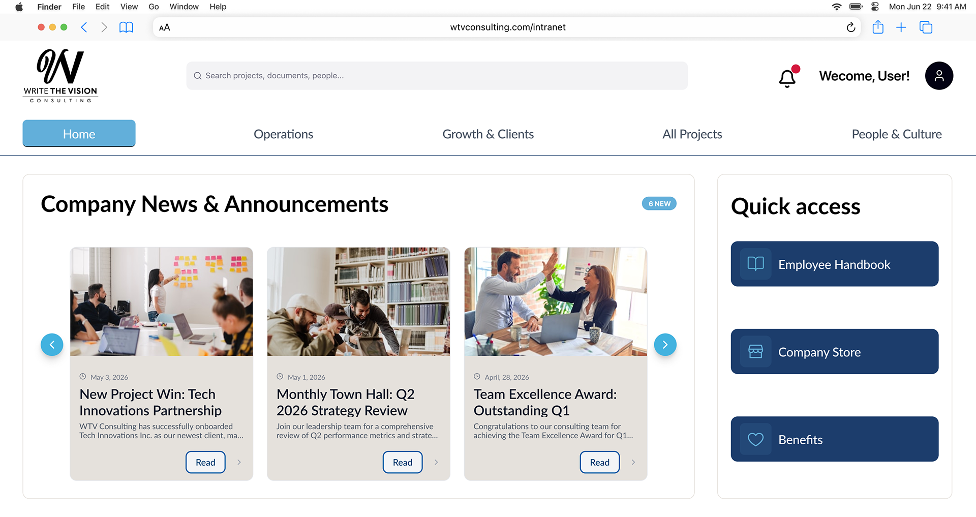 Final intranet concept developed during the six-week client capstone