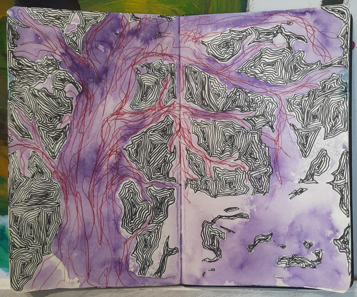 Double page spread of my sketchbook, watered-down ink , black pen ink and red pen ink.A4.2023