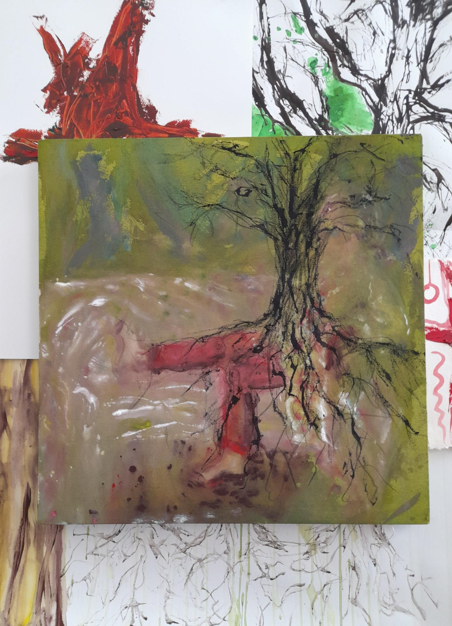Layers of works, with paper and canvas, oil paint, ink and charcoal.A1.2023.