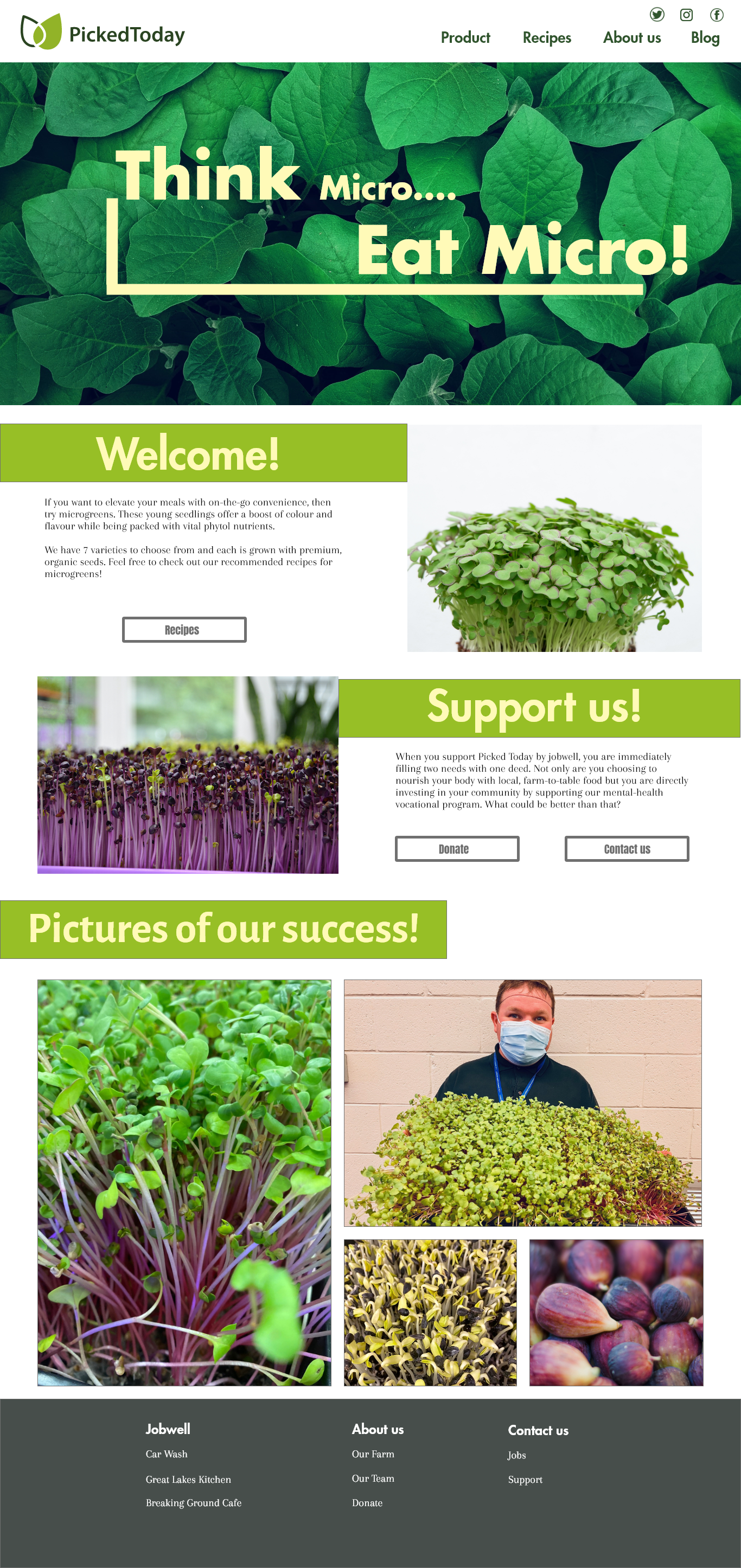 Home page of the PickedToday client project showcasing microgreens and the companies successes