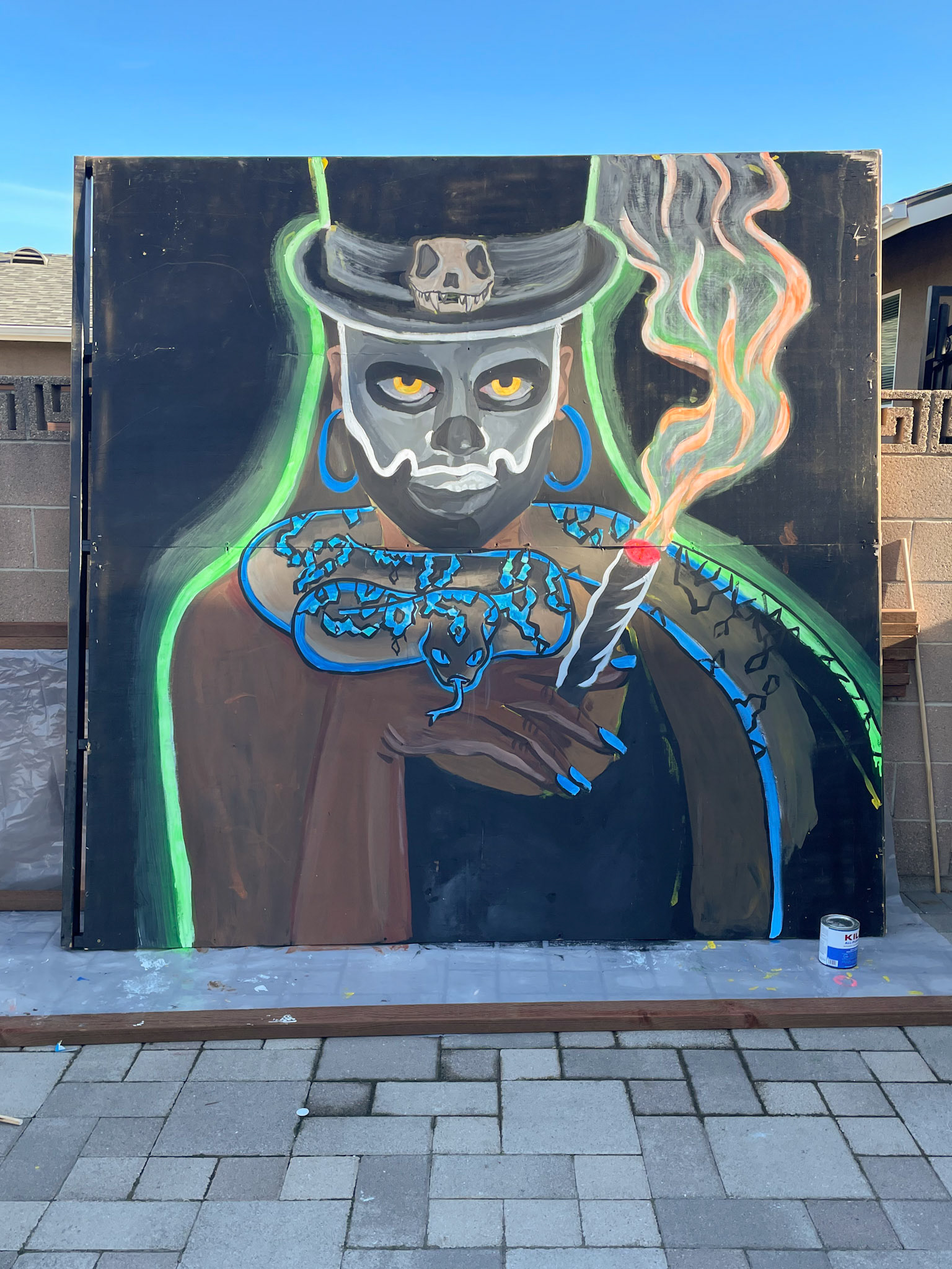 (1/2) Voodoo theme commission, acrylic on wood, 8’ x 8’, 2021