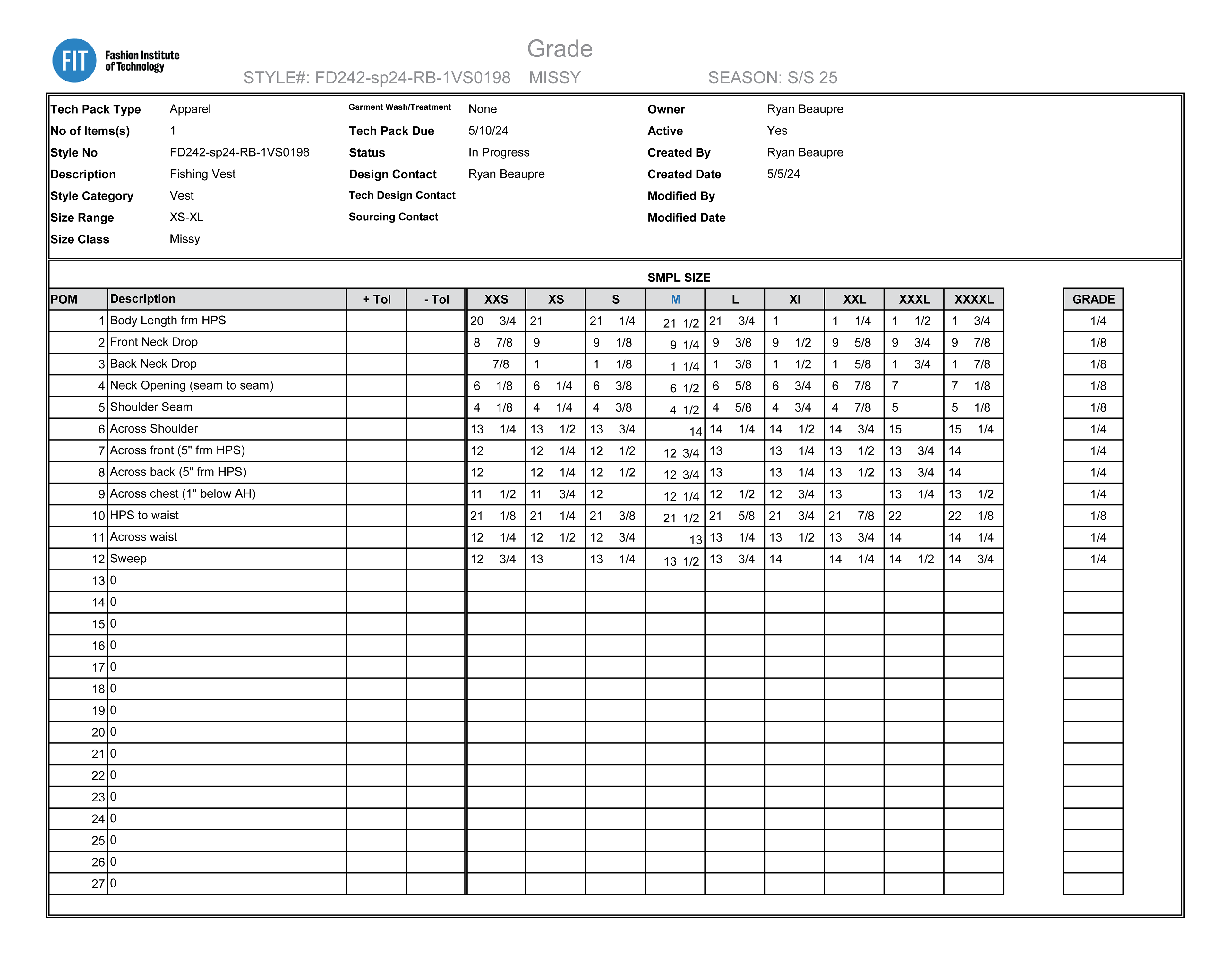 Grade Sizing Sheet