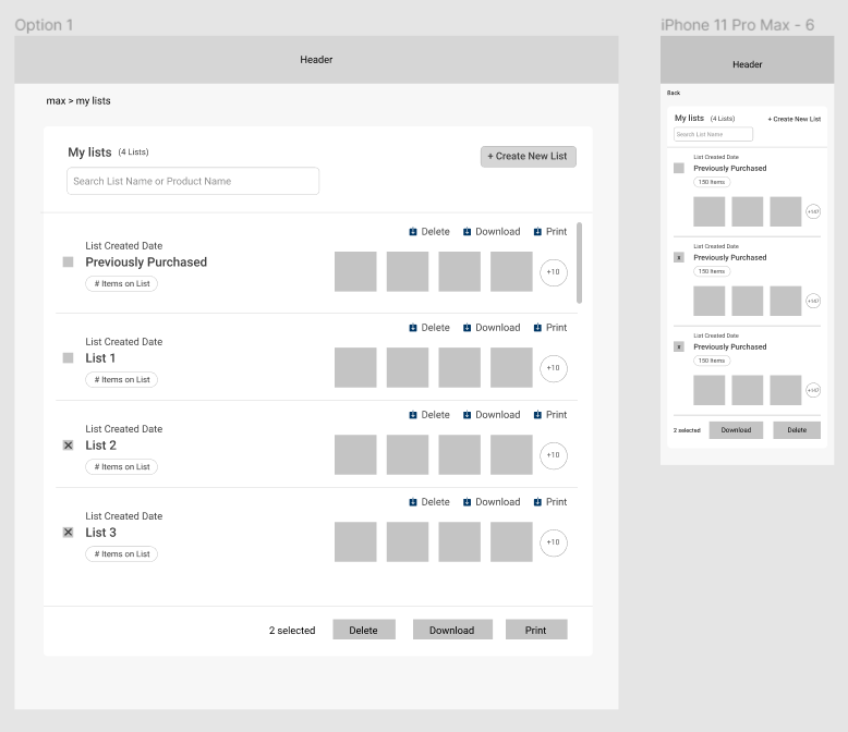 My Lists Lo-Fi Wireframe