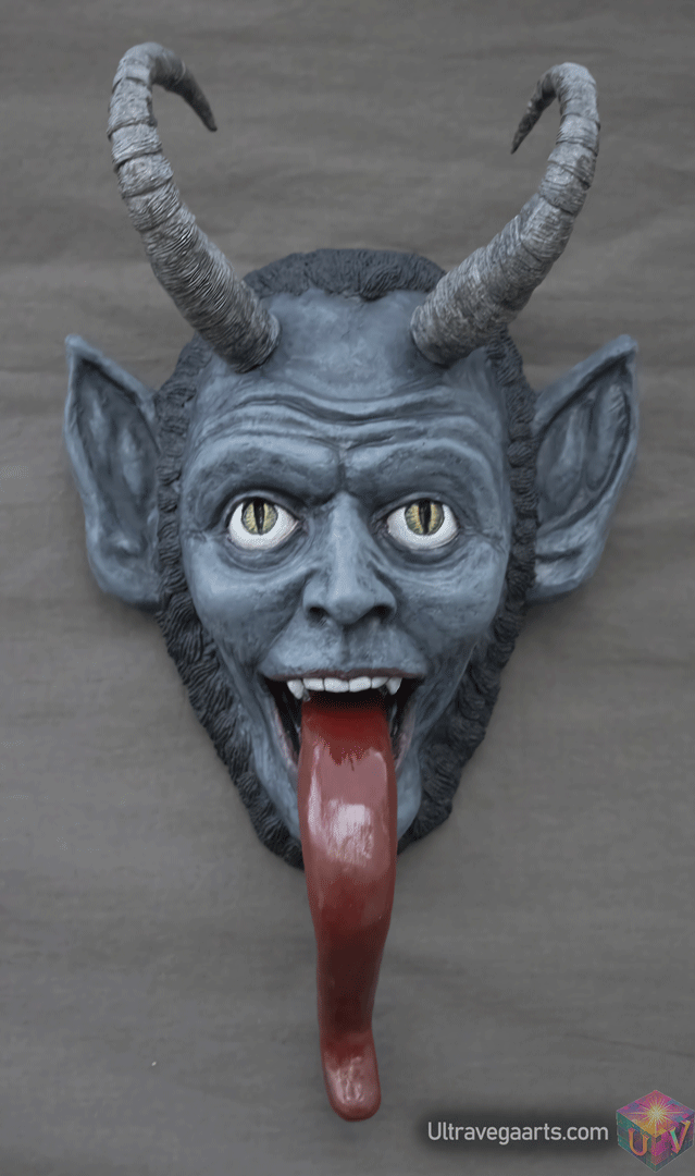 Krampus paper mache wall hanging mask sculpture front view by UltraVega Arts