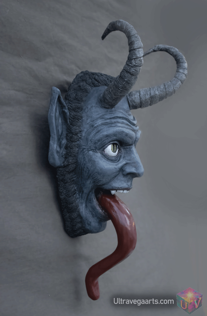 Krampus paper mache wall hanging mask sculpture right view by UltraVega Arts
