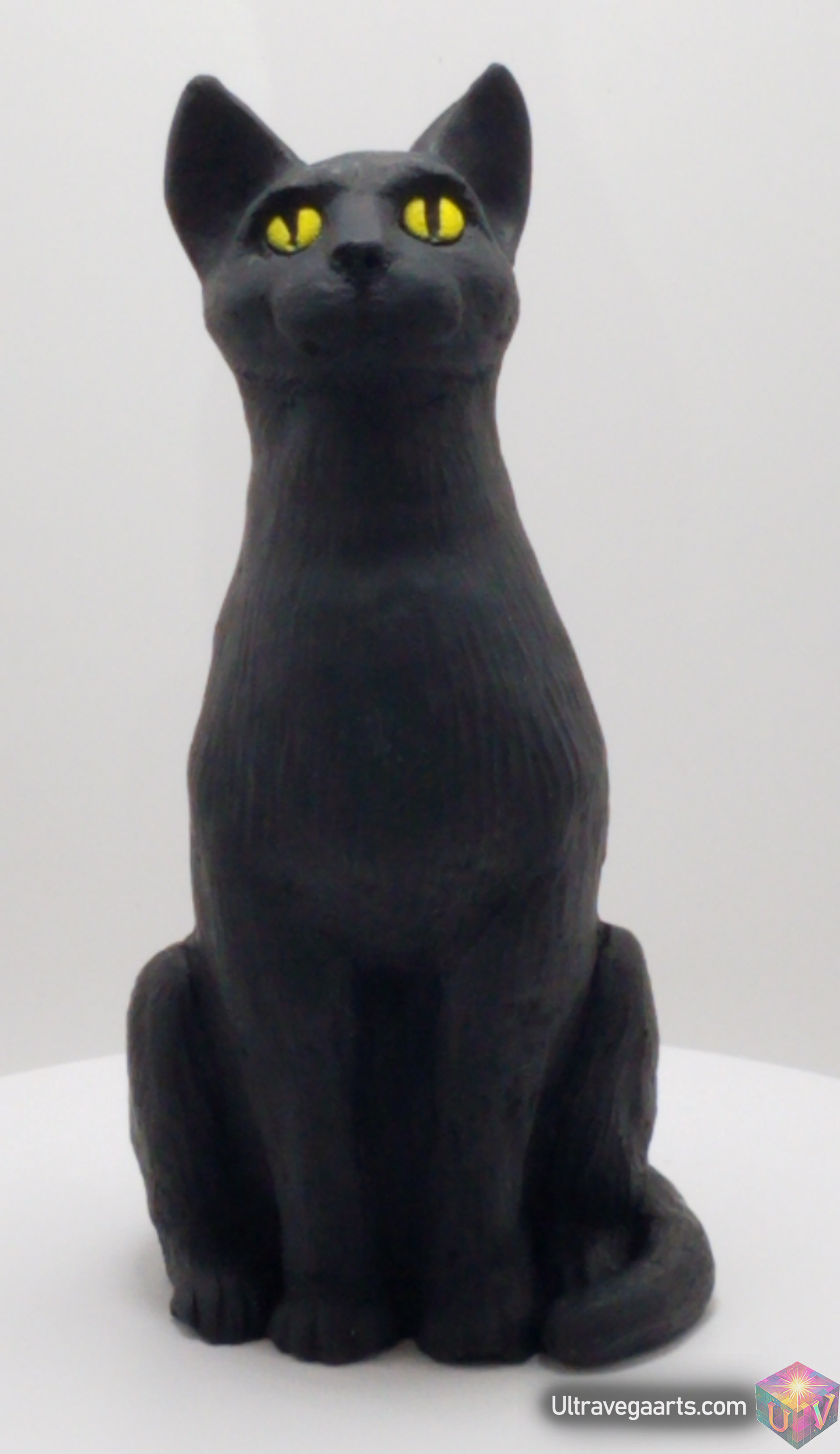 Handmade 4.75 Inch Black Cat cement cat statue figurine made of cement and acrylic (hand painted acrylic) (front View) By UltraVega