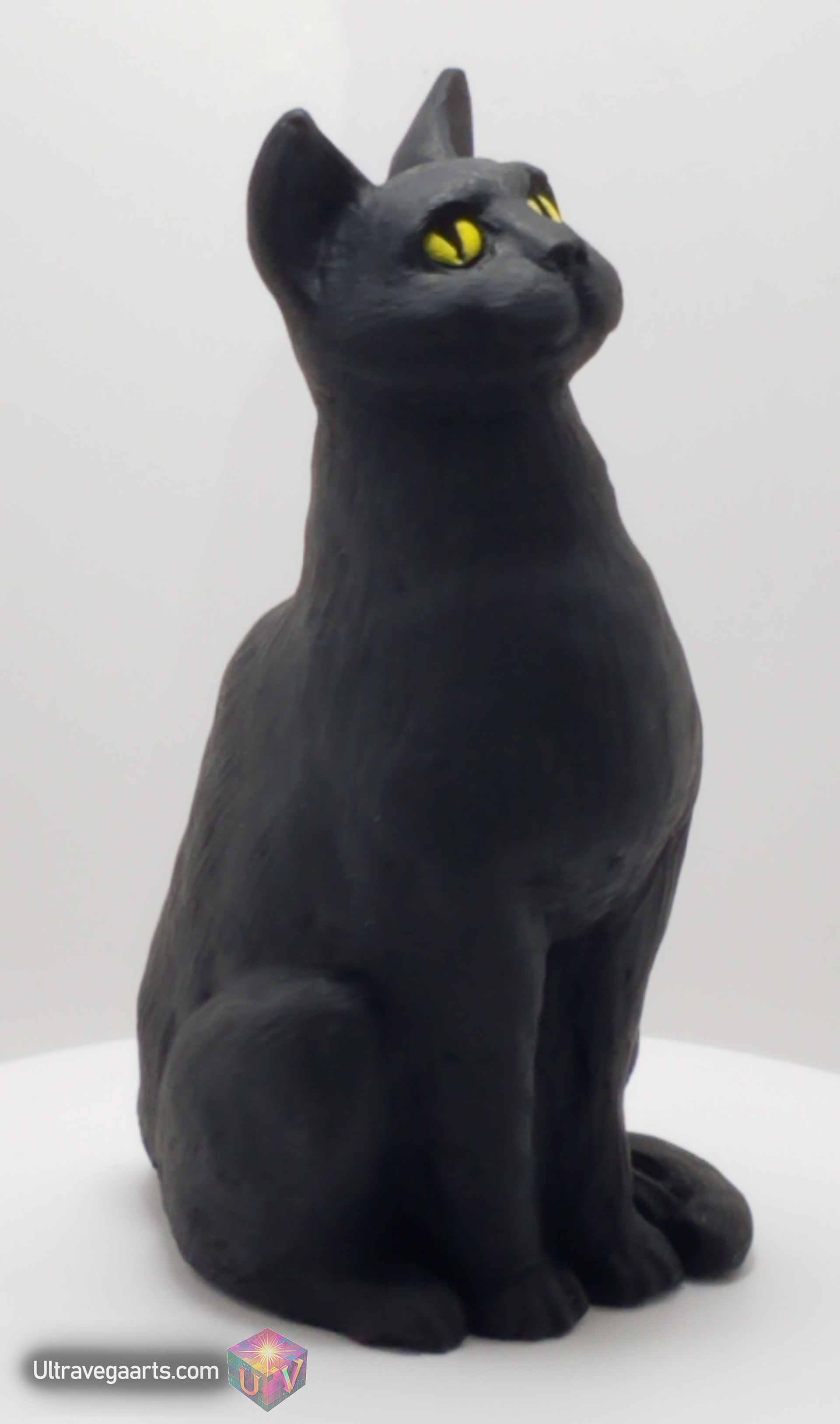 Handmade 4.75 Inch Black Cat cement cat statue figurine made of cement and acrylic (hand painted acrylic) (Right View) By UltraVega