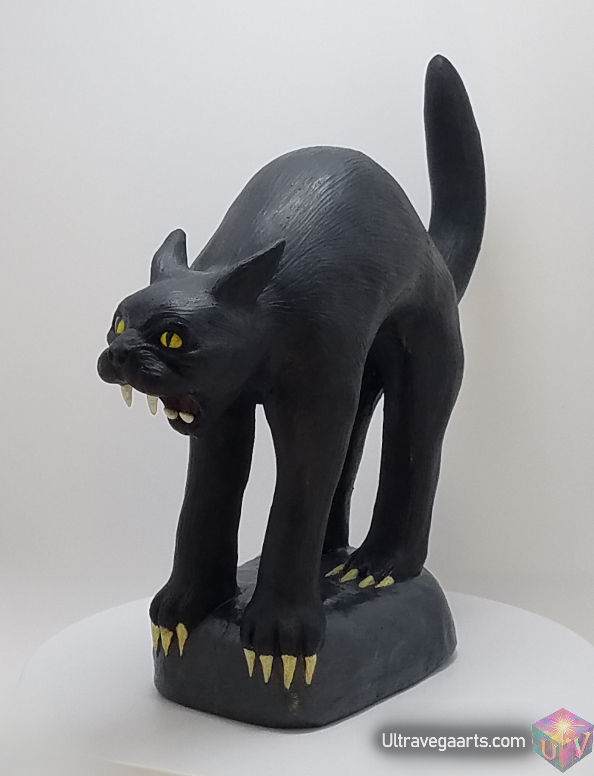 handmade 5.75 Inch Mad Cat scary black cat statue made of cement and acrylic (hand painted Acrylic) (front Left View) By UltraVega Arts