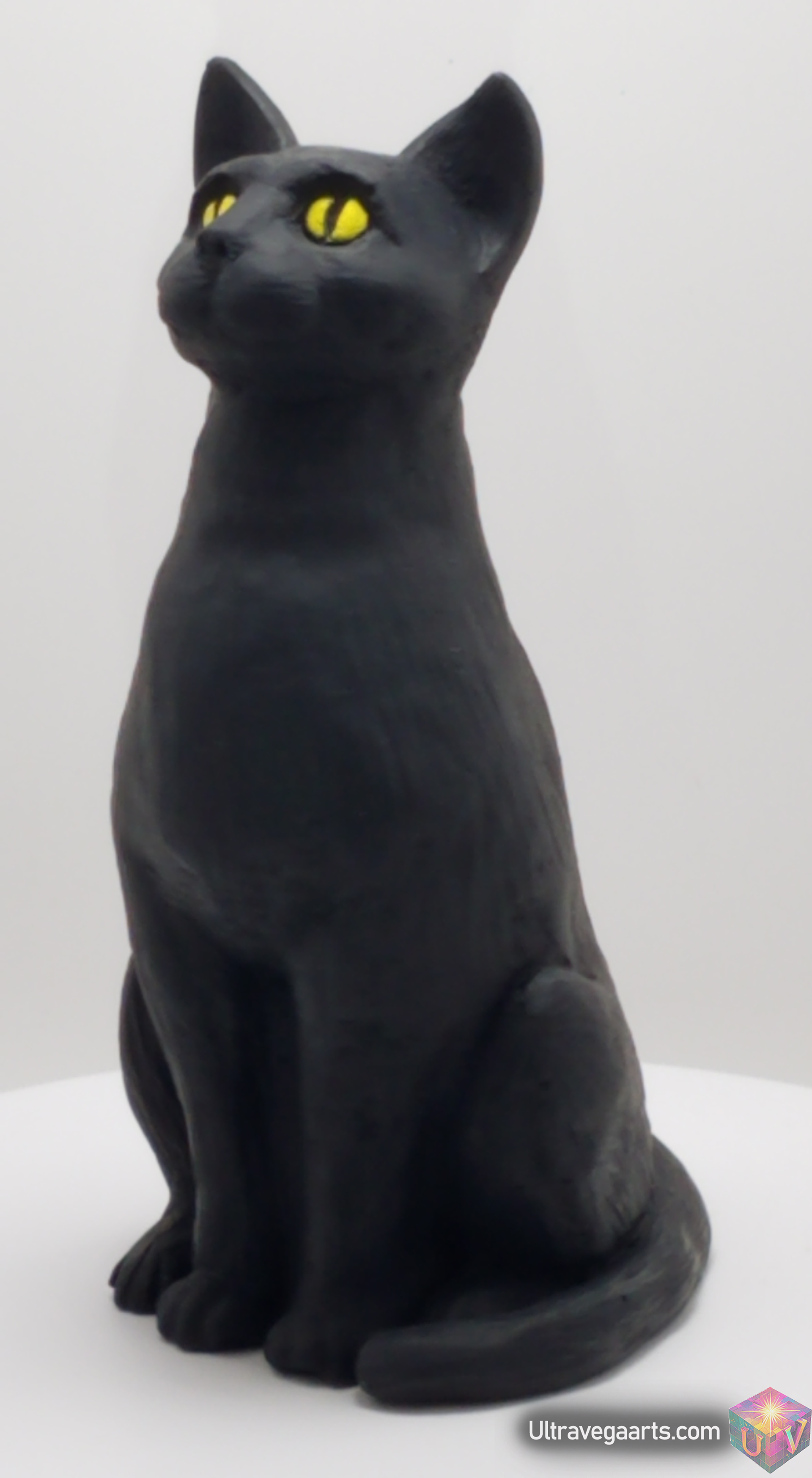 Handmade 4.75 Inch Black Cat cement cat statue figurine made of cement and acrylic (hand painted acrylic) (front View) By UltraVega