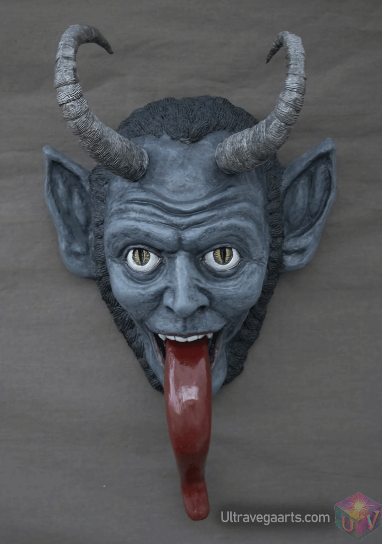 Krampus paper mache wall hanging mask sculpture front view by UltraVega Arts
