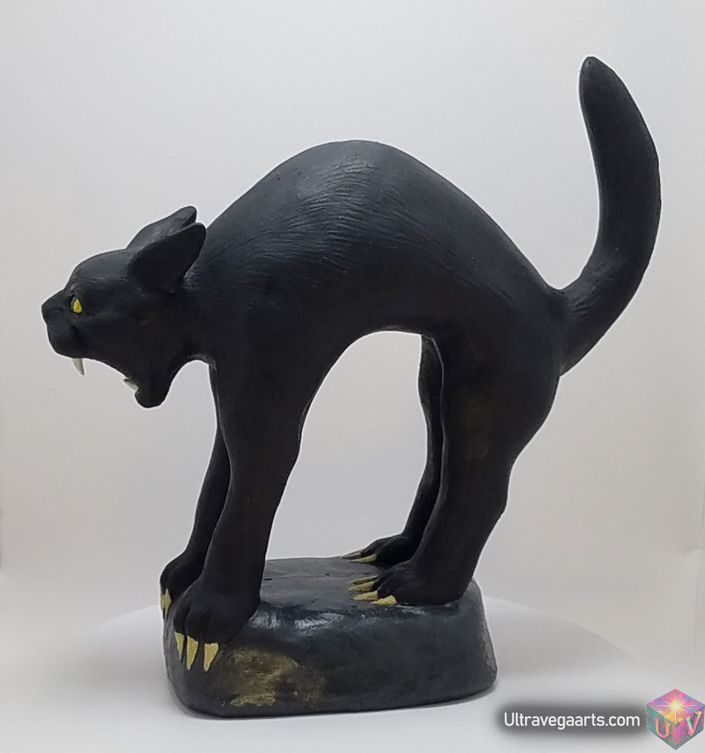 handmade 5.75 Inch Mad Cat scary black cat statue made of cement and acrylic (hand painted Acrylic)  (Left View)  By UltraVega Arts
