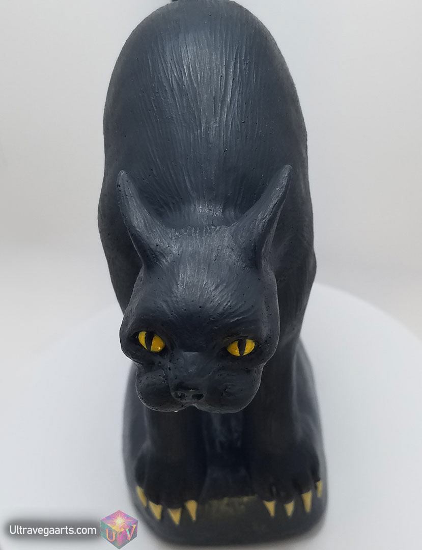 handmade 5.75 Inch Mad Cat scary black cat statue made of cement and acrylic (hand painted Acrylic) (Top View) By UltraVega Arts