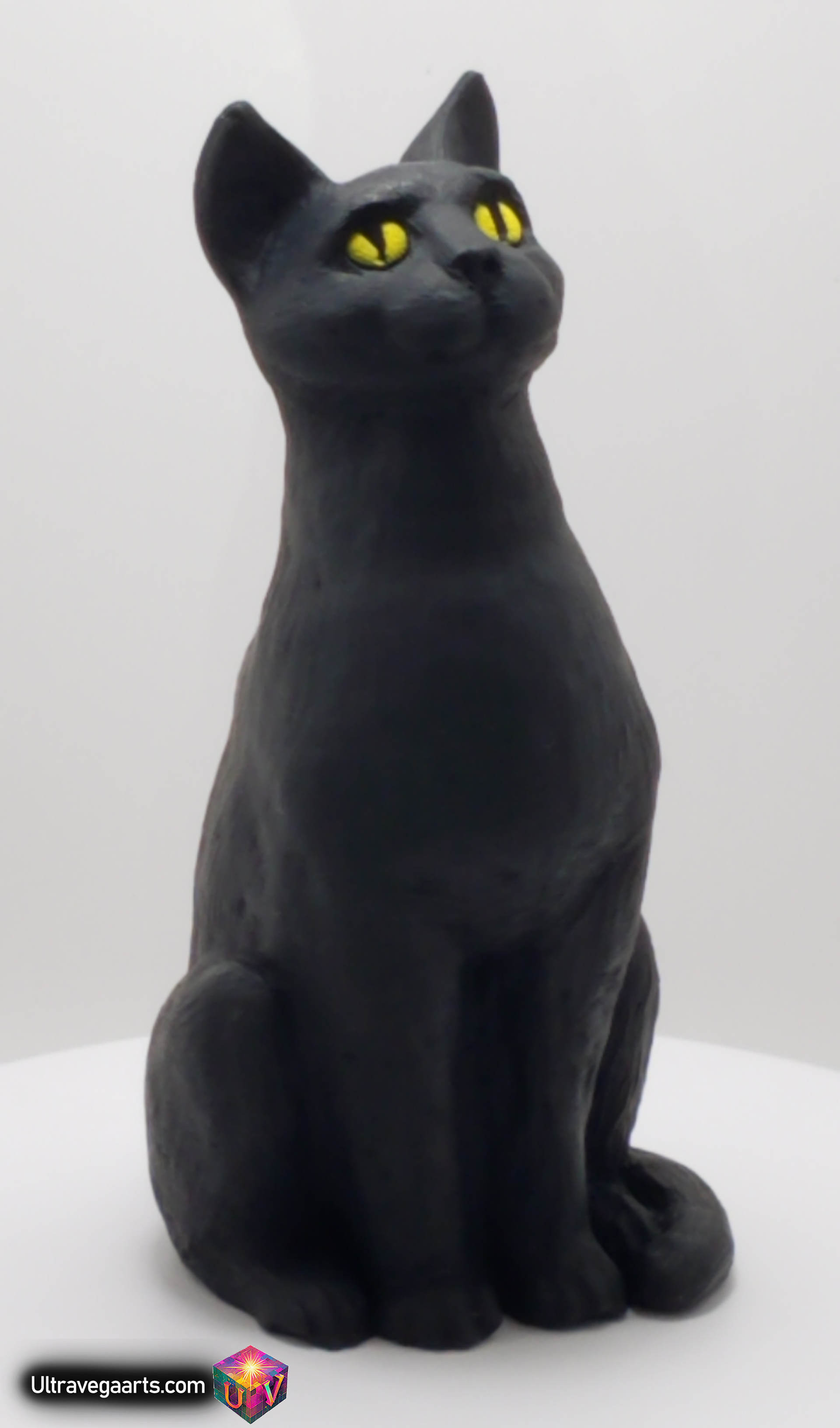 Handmade 4.75 Inch Black Cat cement cat statue figurine made of cement and acrylic (hand painted acrylic) (front View) By UltraVega