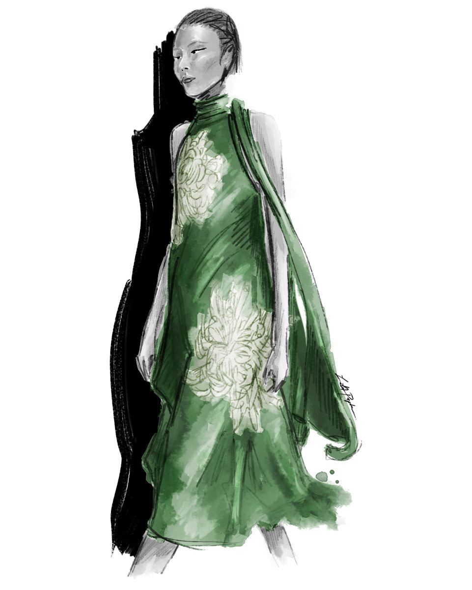 'Chrysanthemum' print silk dress concept, illustrated (available for licensing)