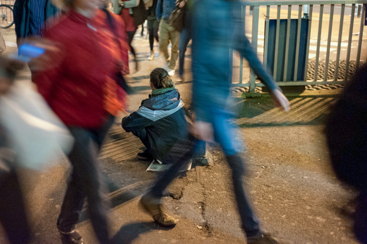 "Amanda". A 44 year old homeless woman in London, begs in Central London. An image from Where From? Where Now? A documentary exploring women’s homelessness (see STORIES).