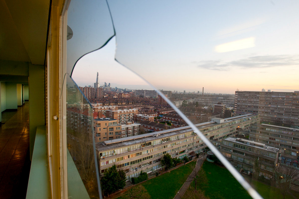 A view over London from an estate in Southwark where rough sleepers are regularly seen bedding down in the stairwells. An image from Where From? Where Now? A documentary exploring women’s homelessness (see STORIES).