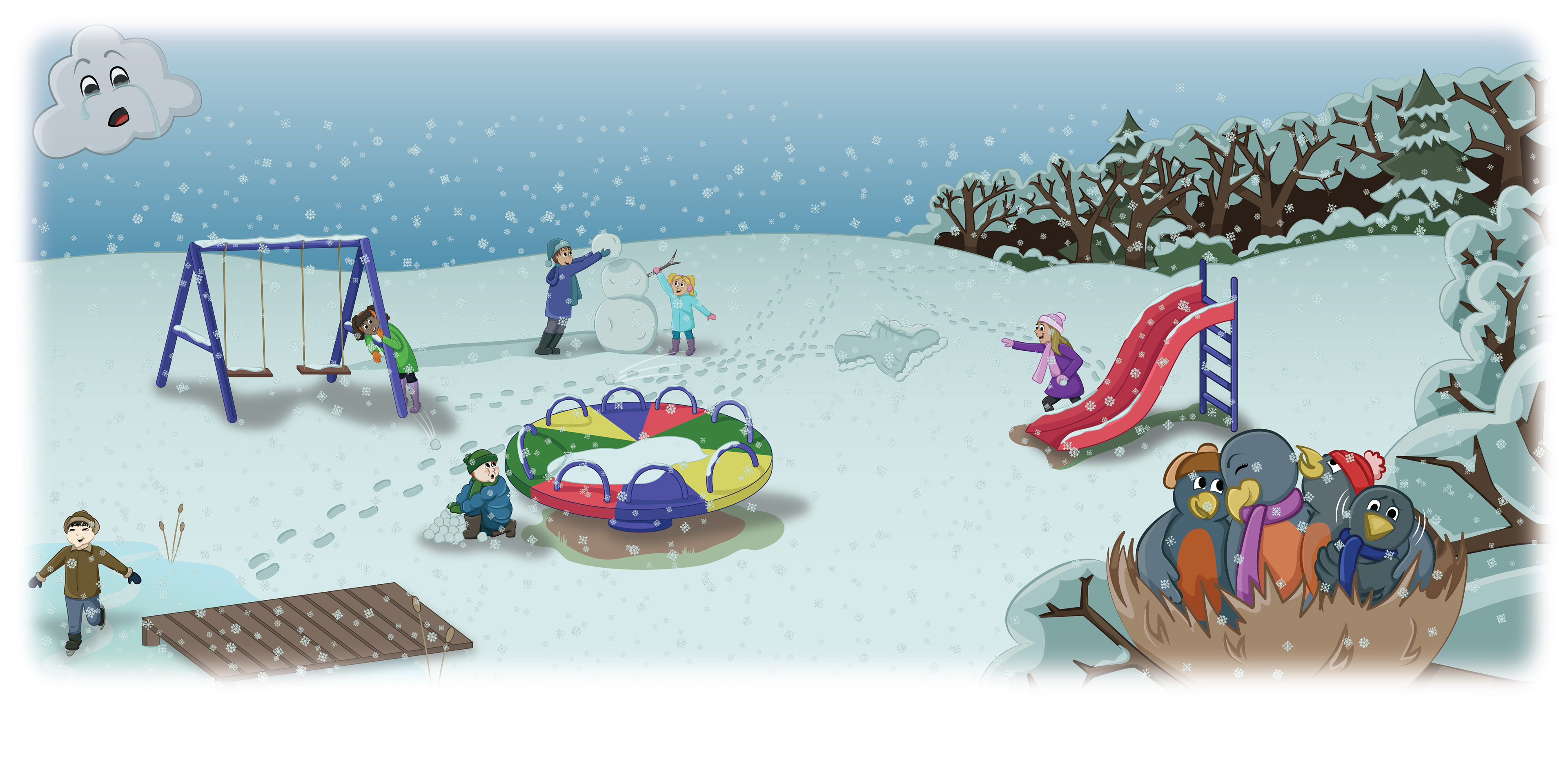 Surprised little cloud, Children continuing to enjoy snow