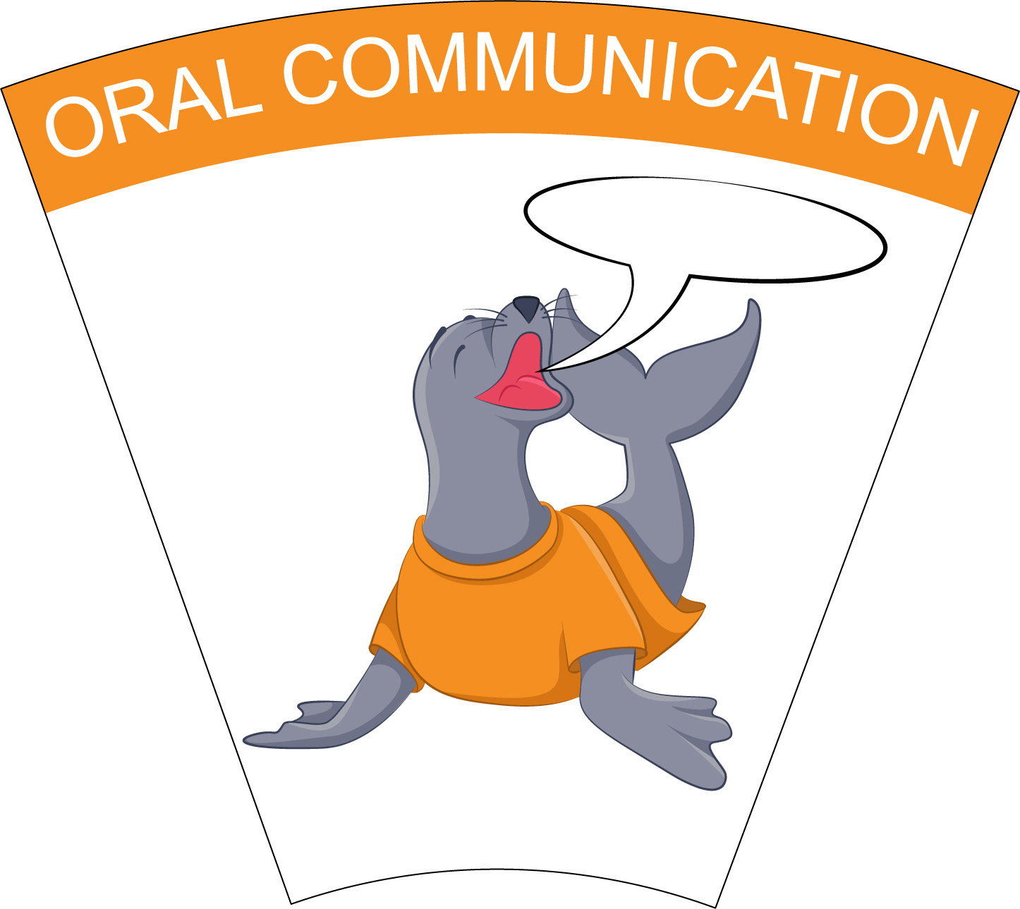 Oral Communication: Seal with a word bubble wearing an orange t-shirt