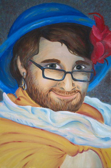 Oil painting of bearded man wearing a bowl on their head