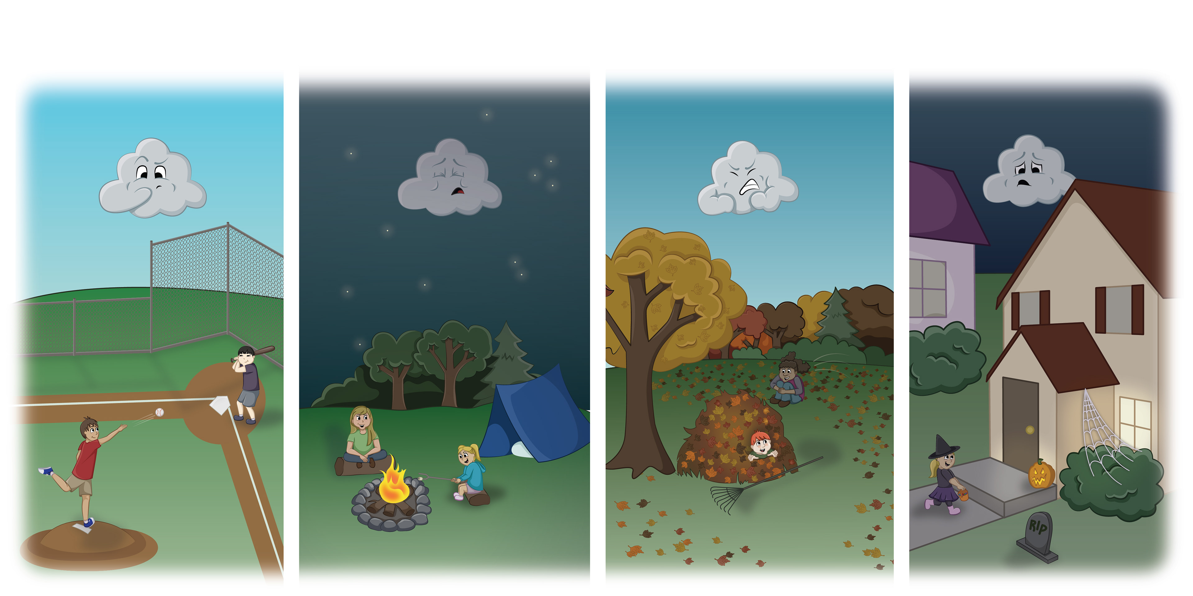 Rain cloud trying to make rain over baseball diamond, camping trip, fall leaf raking, and trick or treat