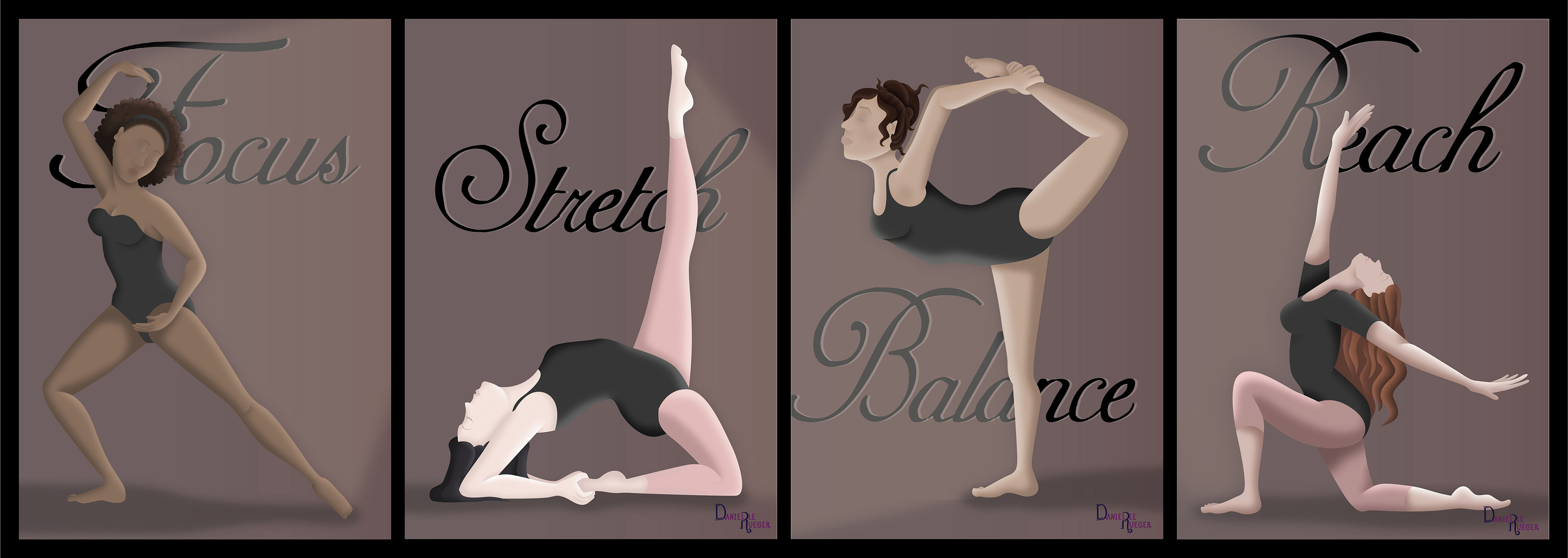 Illustration of dancers demonstrating focus, stretch, balance, and reach