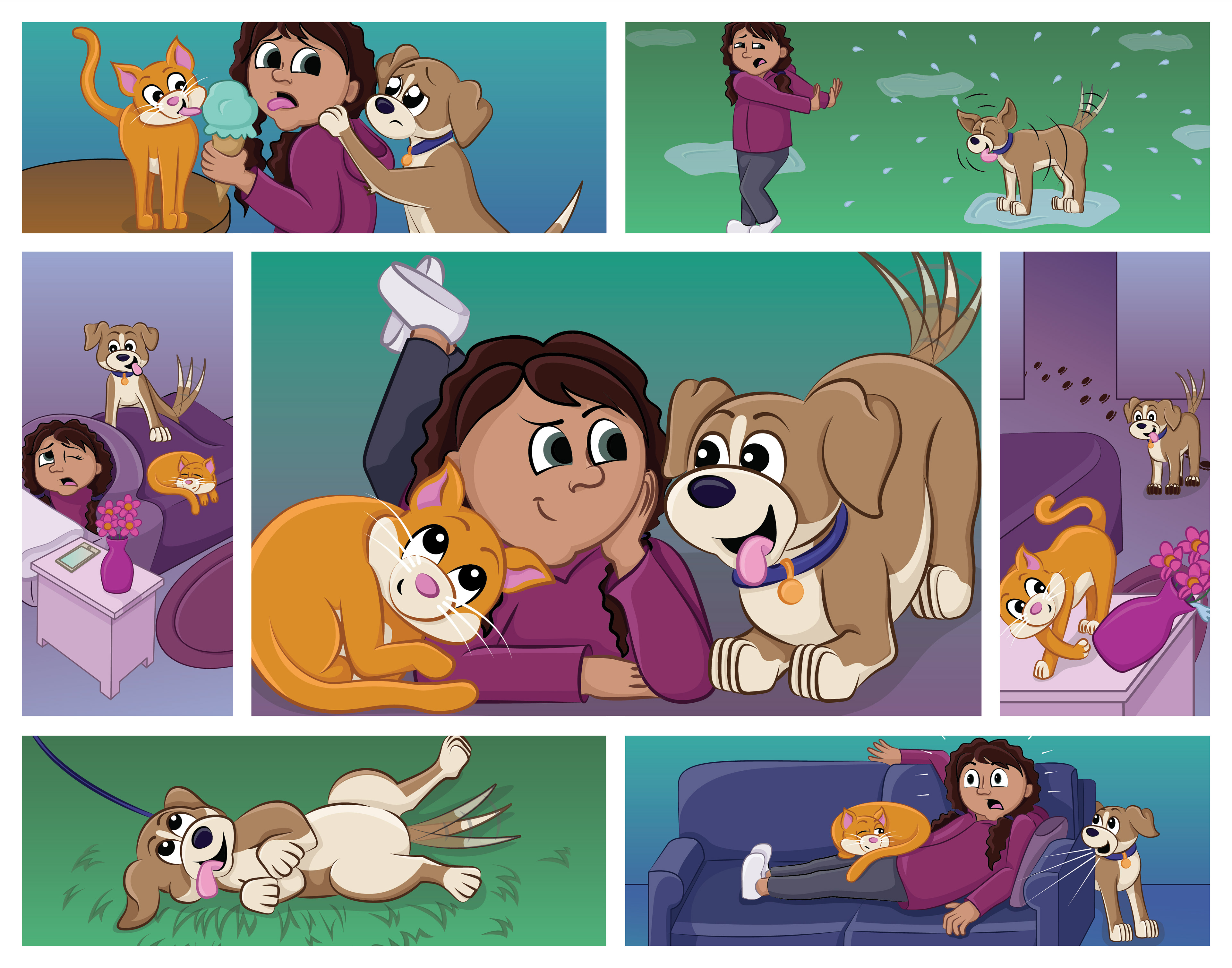 Illustration of a young girl being annoyed by her pets in different ways