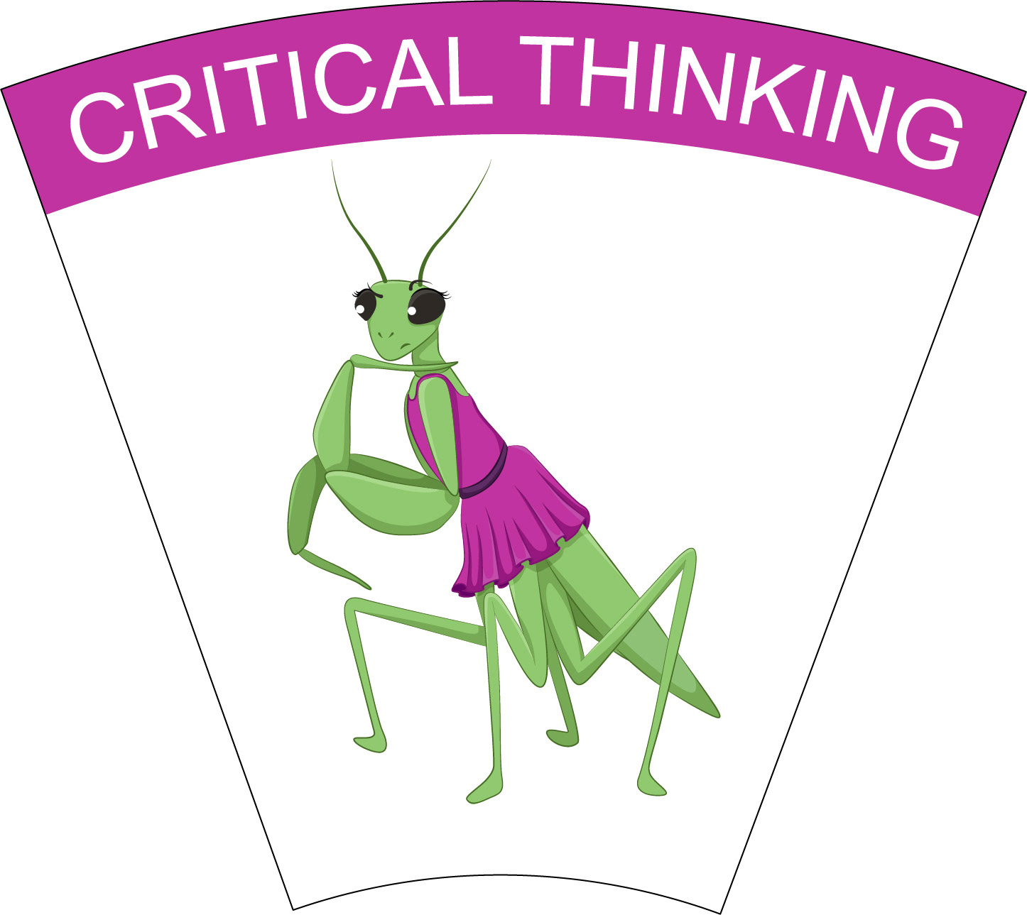 Critical Thinking: Illustration of Praying Mantic with quizzical expression wearing a pink dress