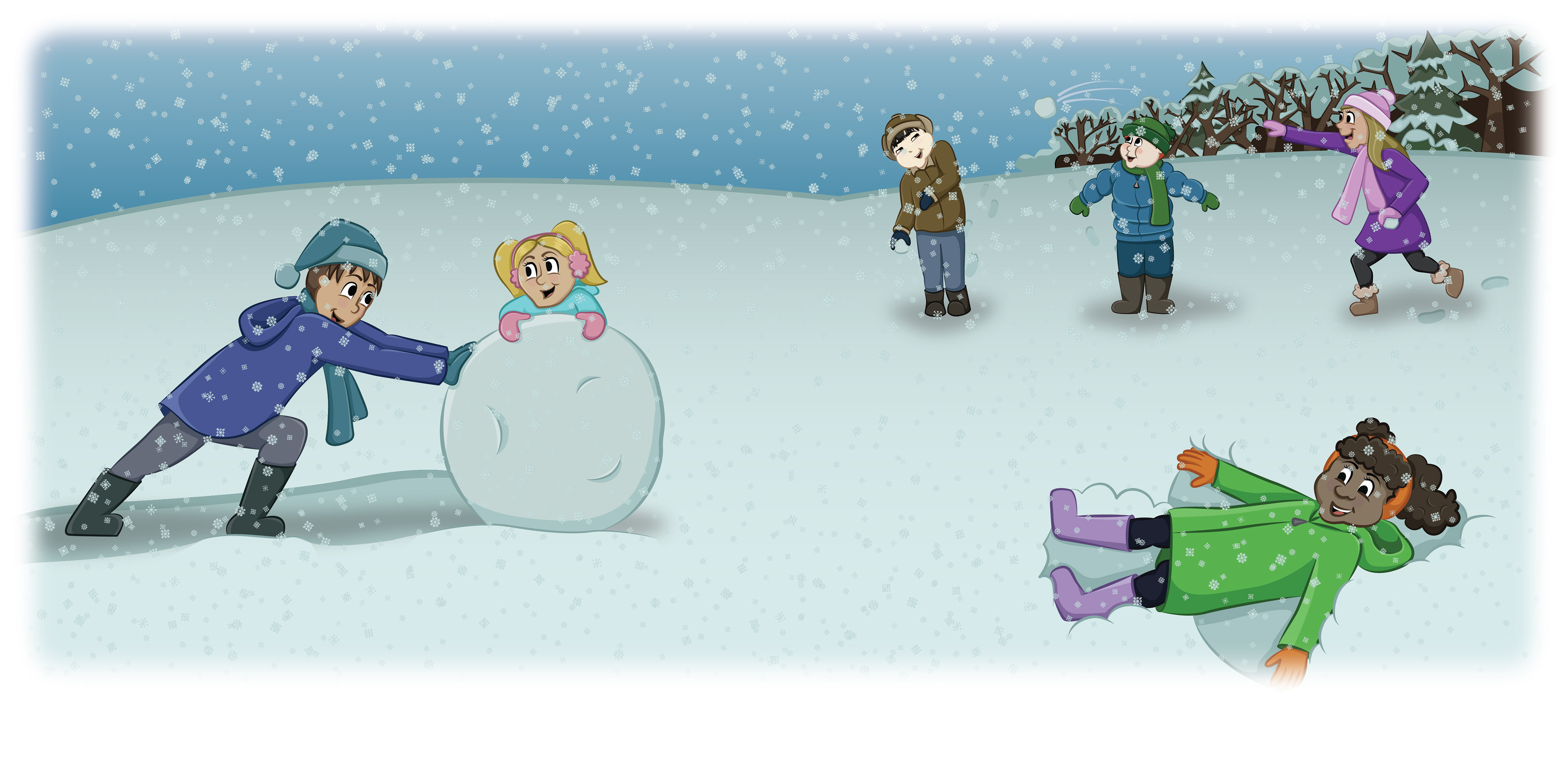 Children playing in the snow, making snow angels, having a snowball fight, making a snowman