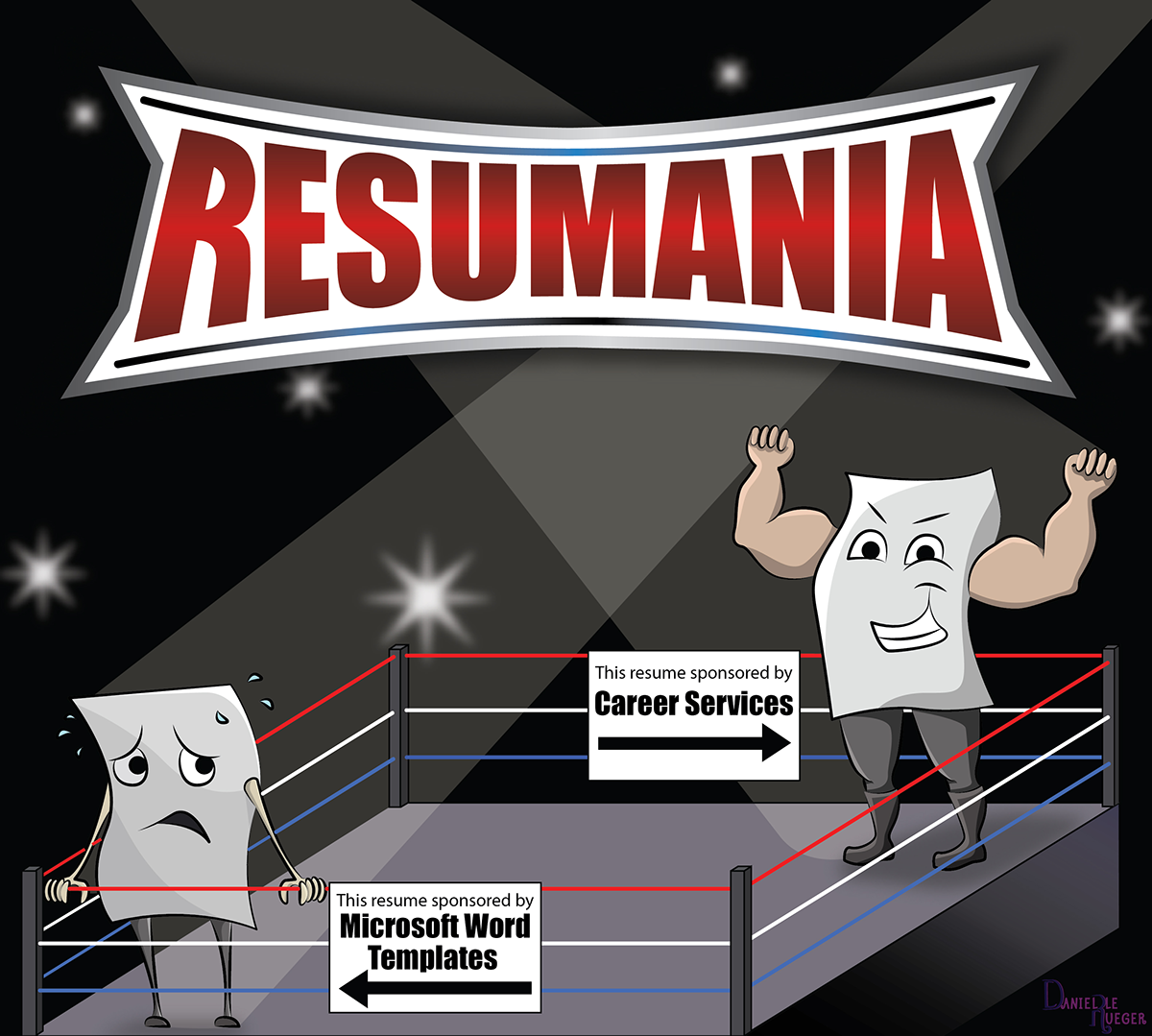Illustration of Career Services sponsored resume defeating Word Template Resume in Resumania show-down