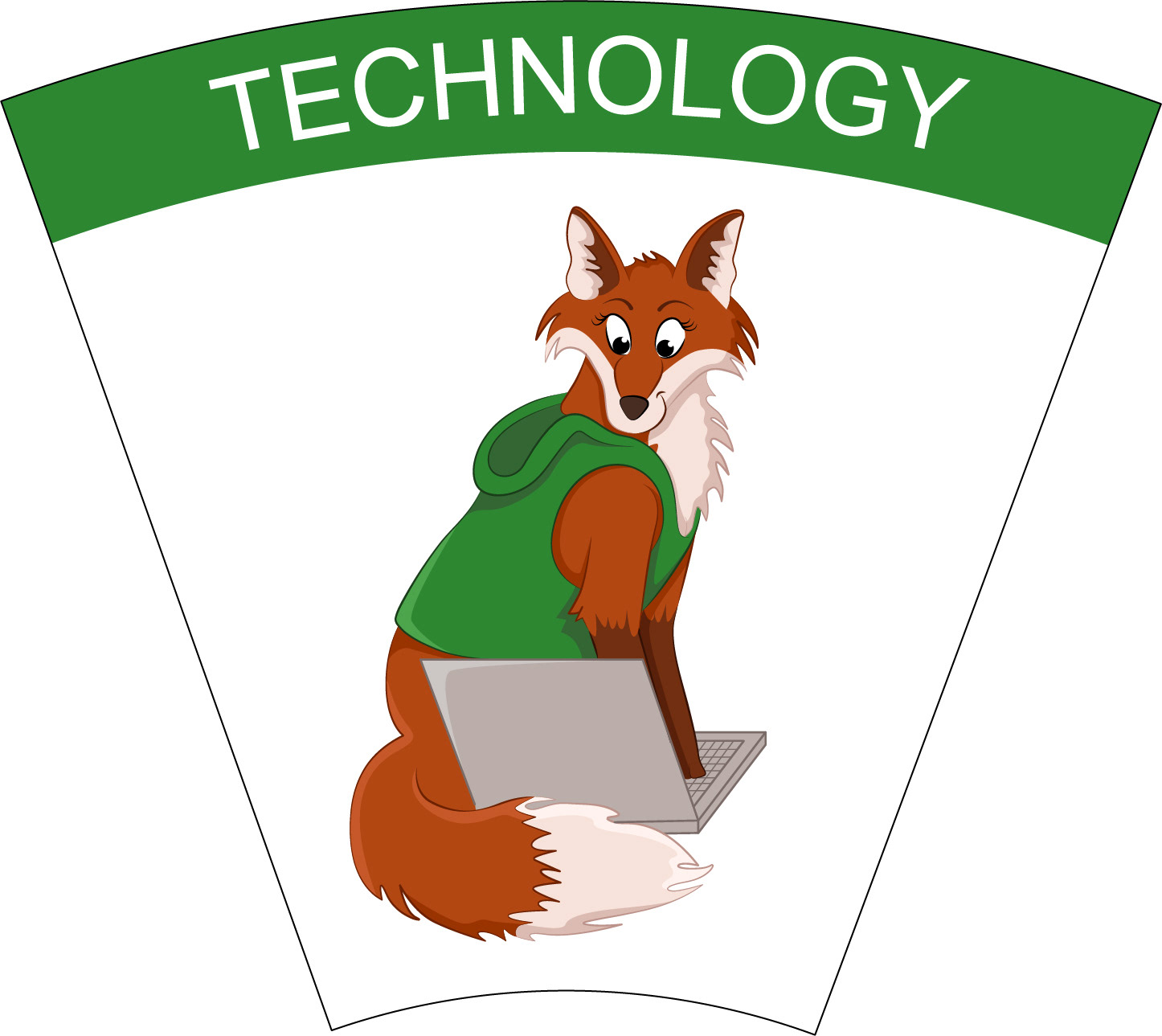 Technology: Illustration of fox wearing a green hoody working on a laptop