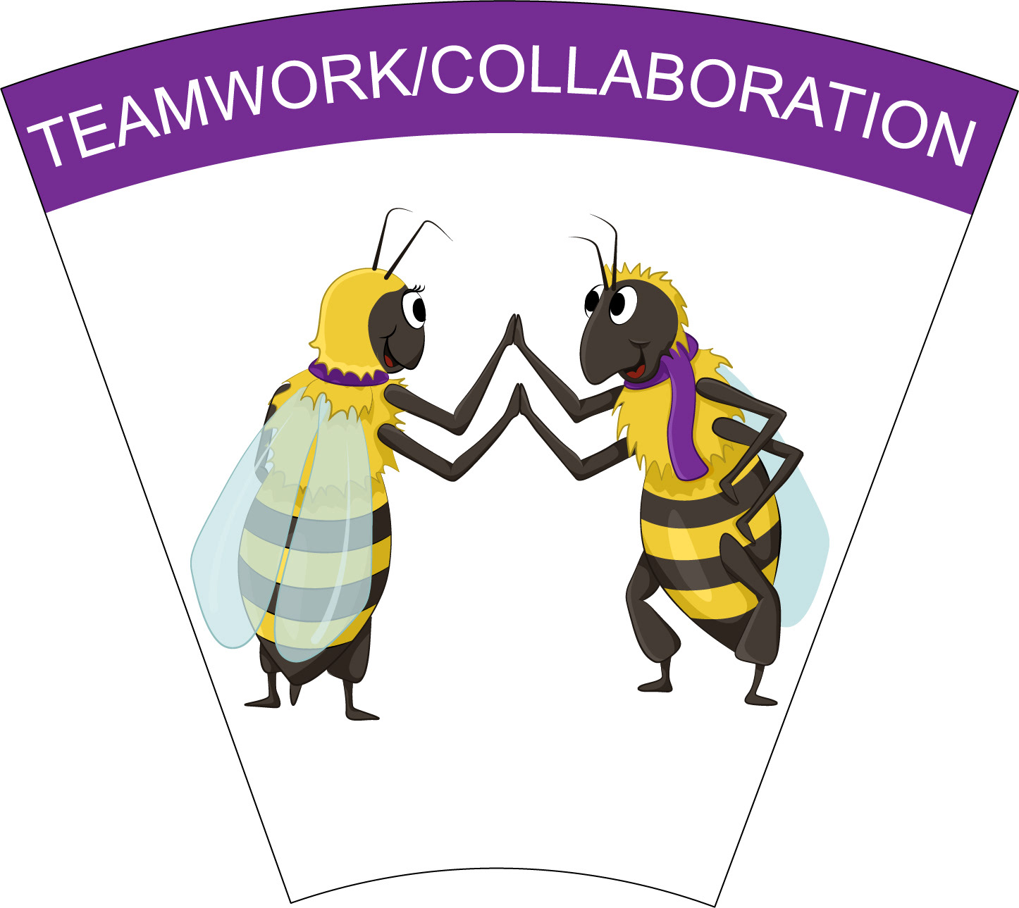 Teamwork/Collaboration: Illustration of two bees wearing purple scarves giving each other high fives