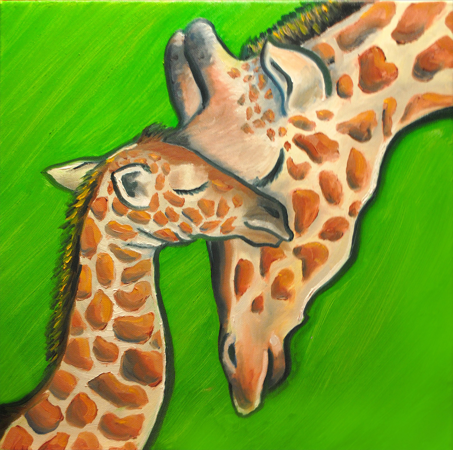 Oil painting of mother and baby giraffe