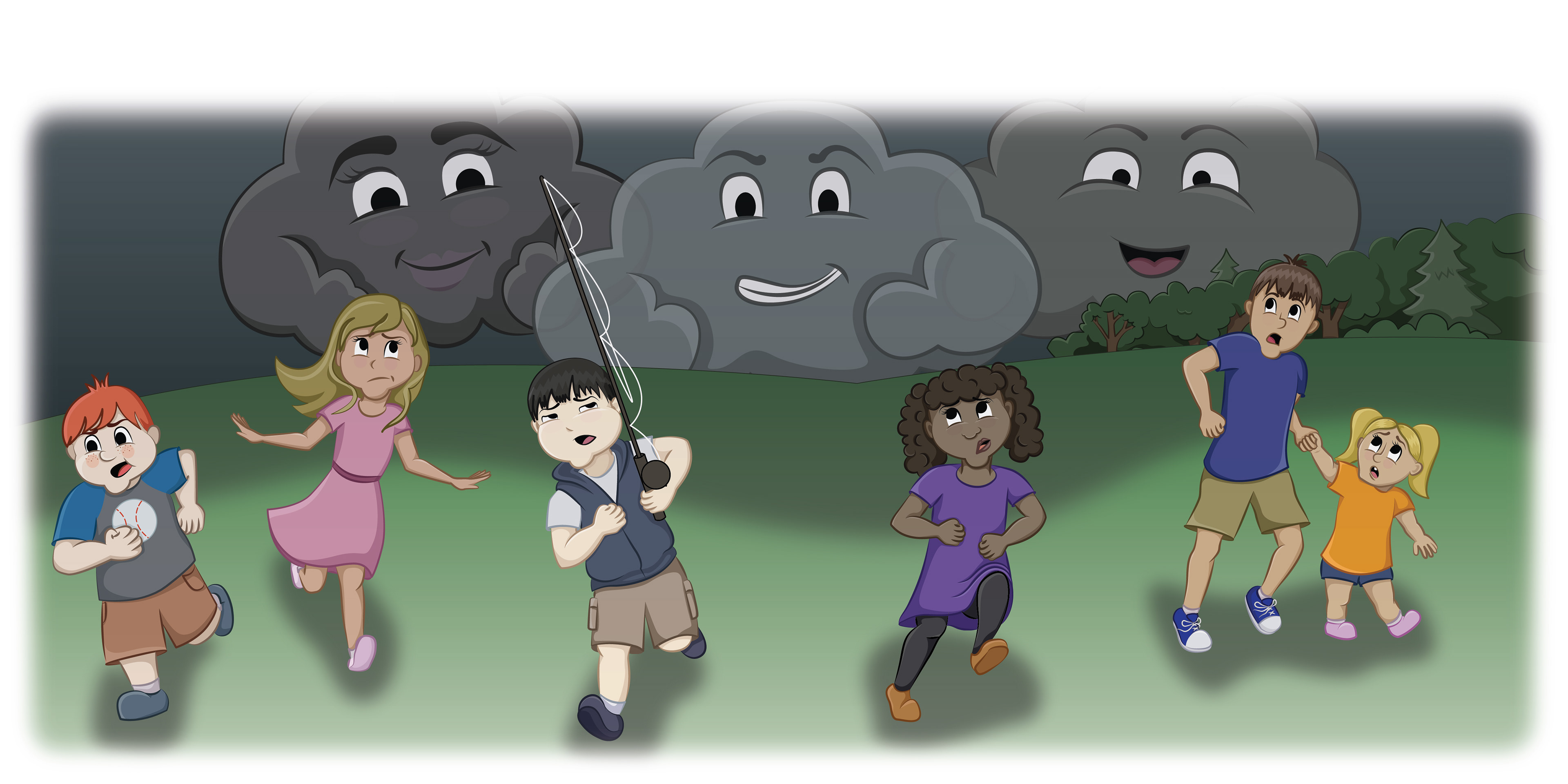 Children running from storm clouds