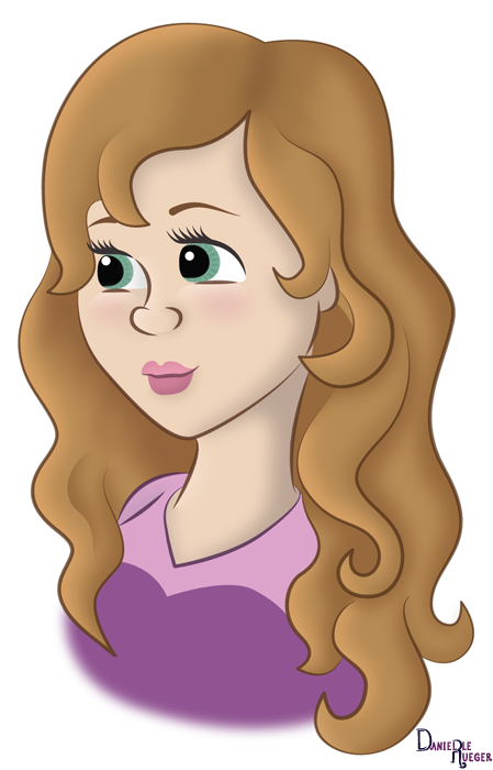 Illustration of blonde girl with green eyes in purple dress