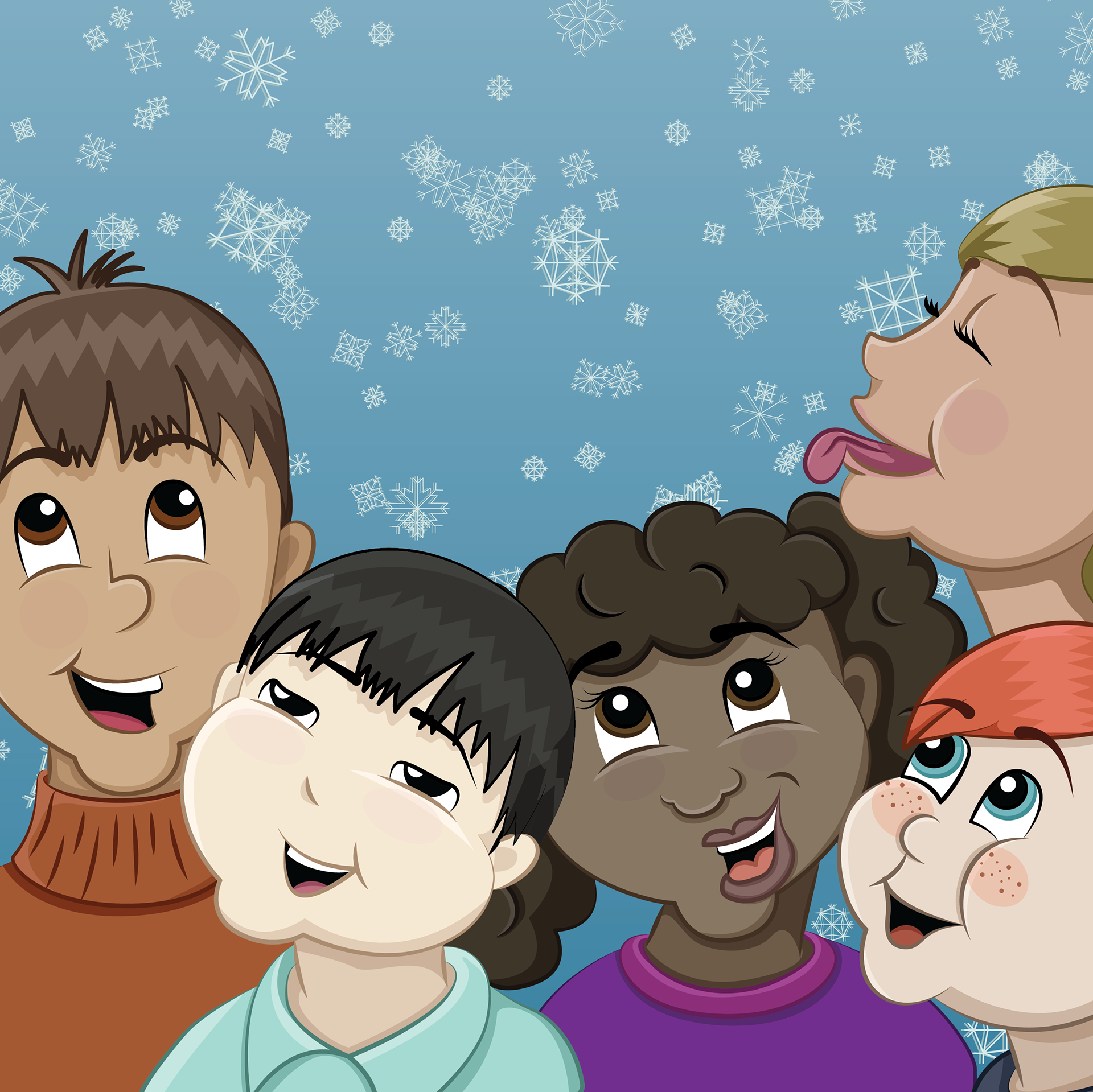 Illustration of a diverse group of children looking up at snowflakes