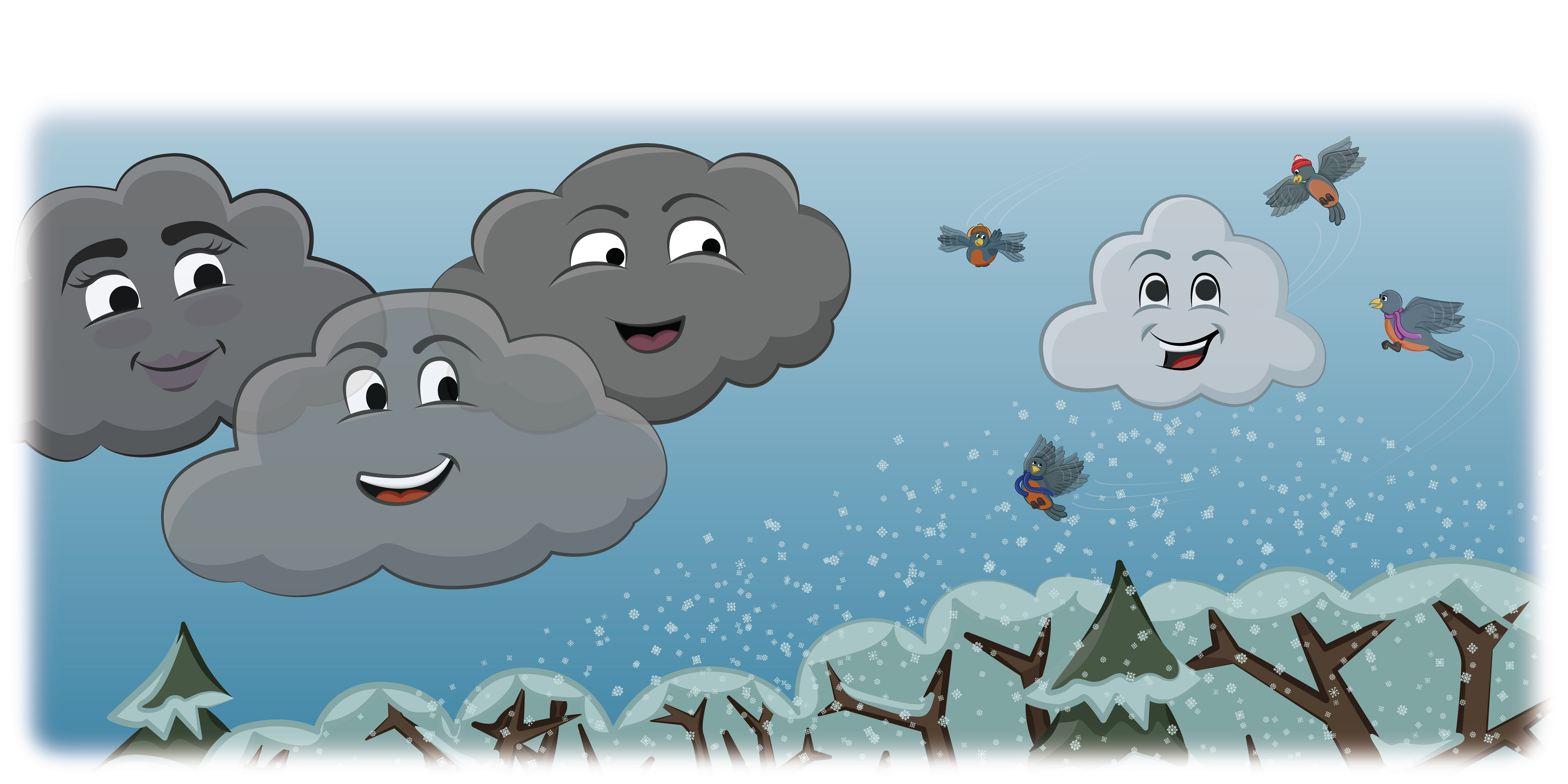 Happy little rain cloud being celebrated by birds and storm clouds