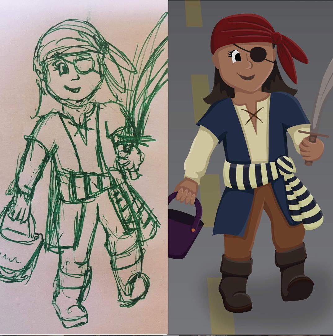 Sketch compared to finished illustration of a child dressed up like a pirate for trick or treat